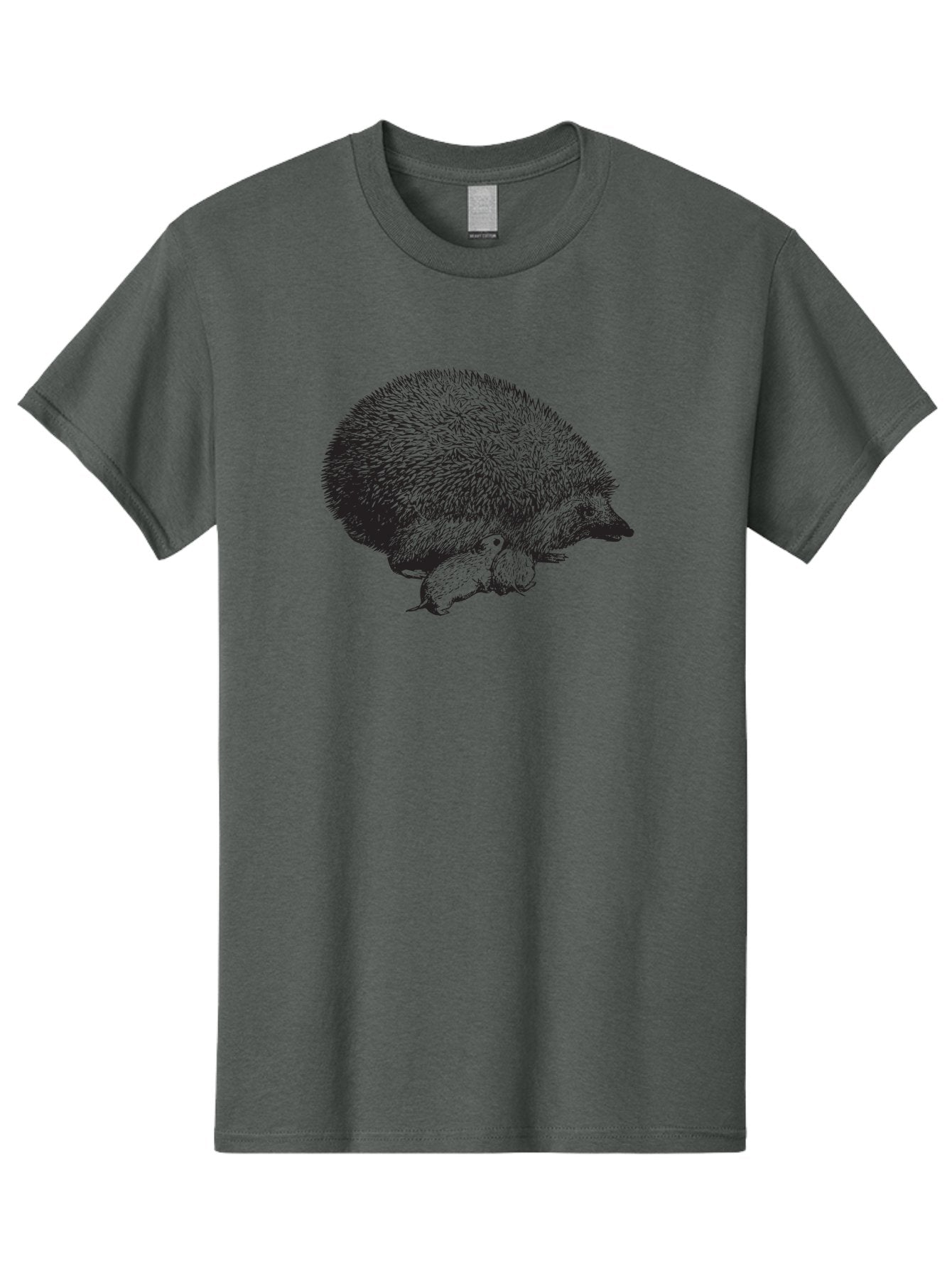 Hedgehog-With-Babies Men'S Graphic Tee, 100% Cotton, Comfortable Casual Summer Wear, Machine Washable, Hedgehog With Babies, Wildlife Illustration, Spiky Texture, Motherly Love, Forest Creatures, Black And Green, Detailed Artwork, Quills Aad897 15