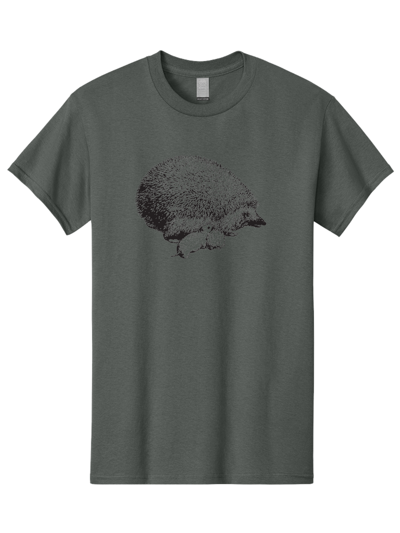 Hedgehog-With-Babies Men'S Graphic Tee, 100% Cotton, Comfortable Casual Summer Wear, Machine Washable, Hedgehog With Babies, Wildlife Illustration, Spiky Texture, Motherly Love, Forest Creatures, Black And Green, Detailed Artwork, Quills Aad897