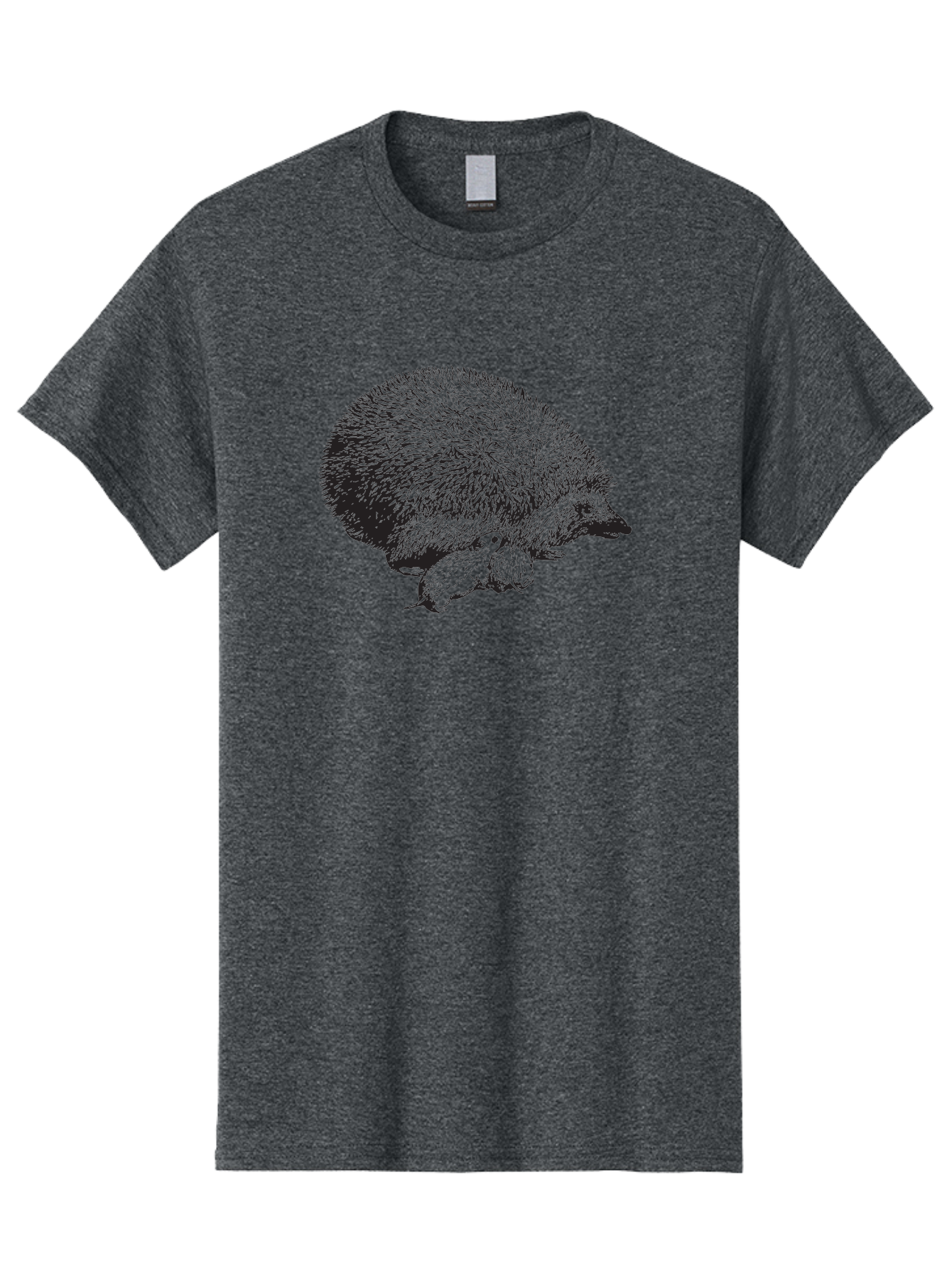 Hedgehog-With-Babies Men'S Graphic Tee, 100% Cotton, Comfortable Casual Summer Wear, Machine Washable, Hedgehog With Babies, Wildlife Illustration, Spiky Texture, Motherly Love, Forest Creatures, Black And Green, Detailed Artwork, Quills Aad897 17