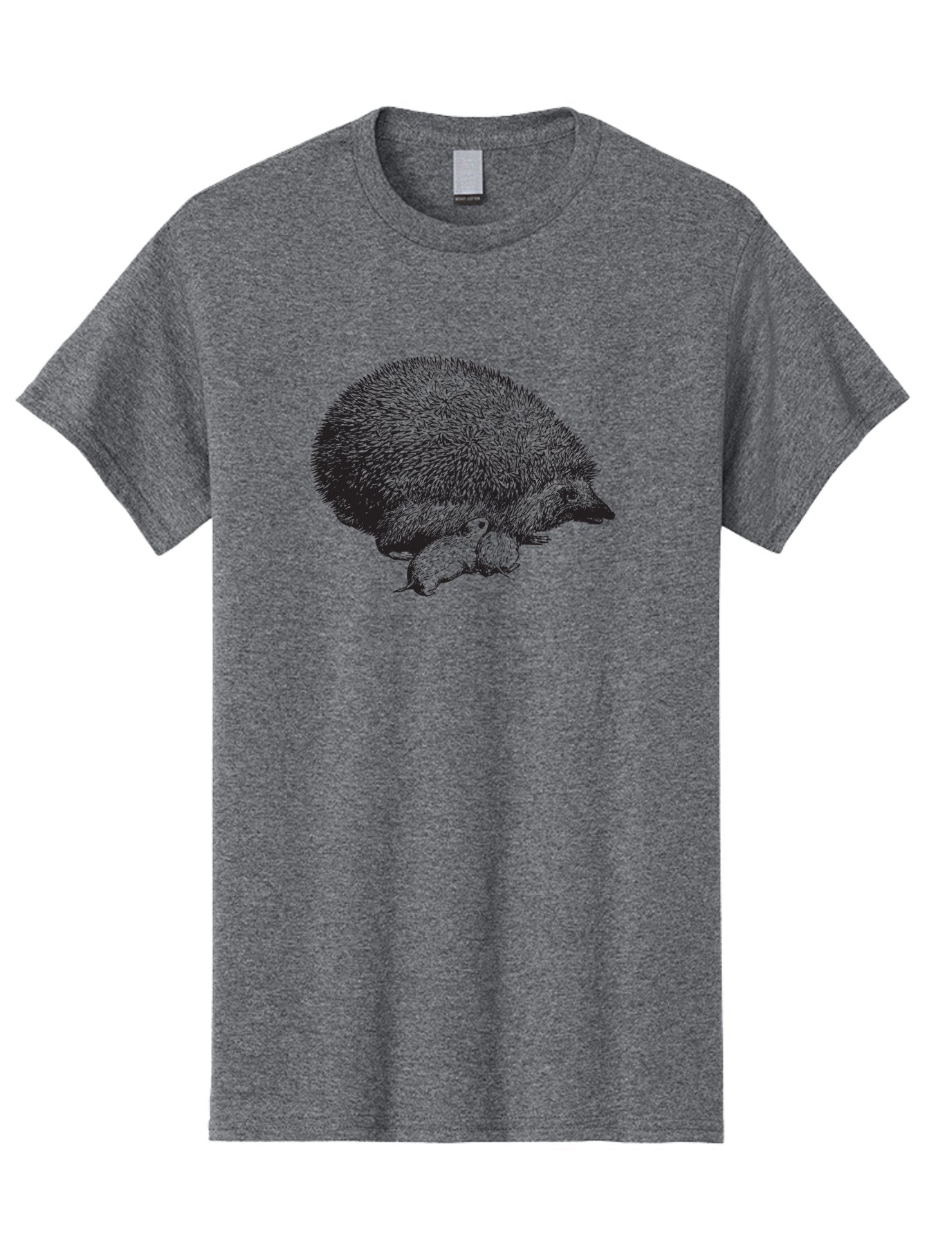 Hedgehog-With-Babies Men'S Graphic Tee, 100% Cotton, Comfortable Casual Summer Wear, Machine Washable, Hedgehog With Babies, Wildlife Illustration, Spiky Texture, Motherly Love, Forest Creatures, Black And Green, Detailed Artwork, Quills Aad897 8
