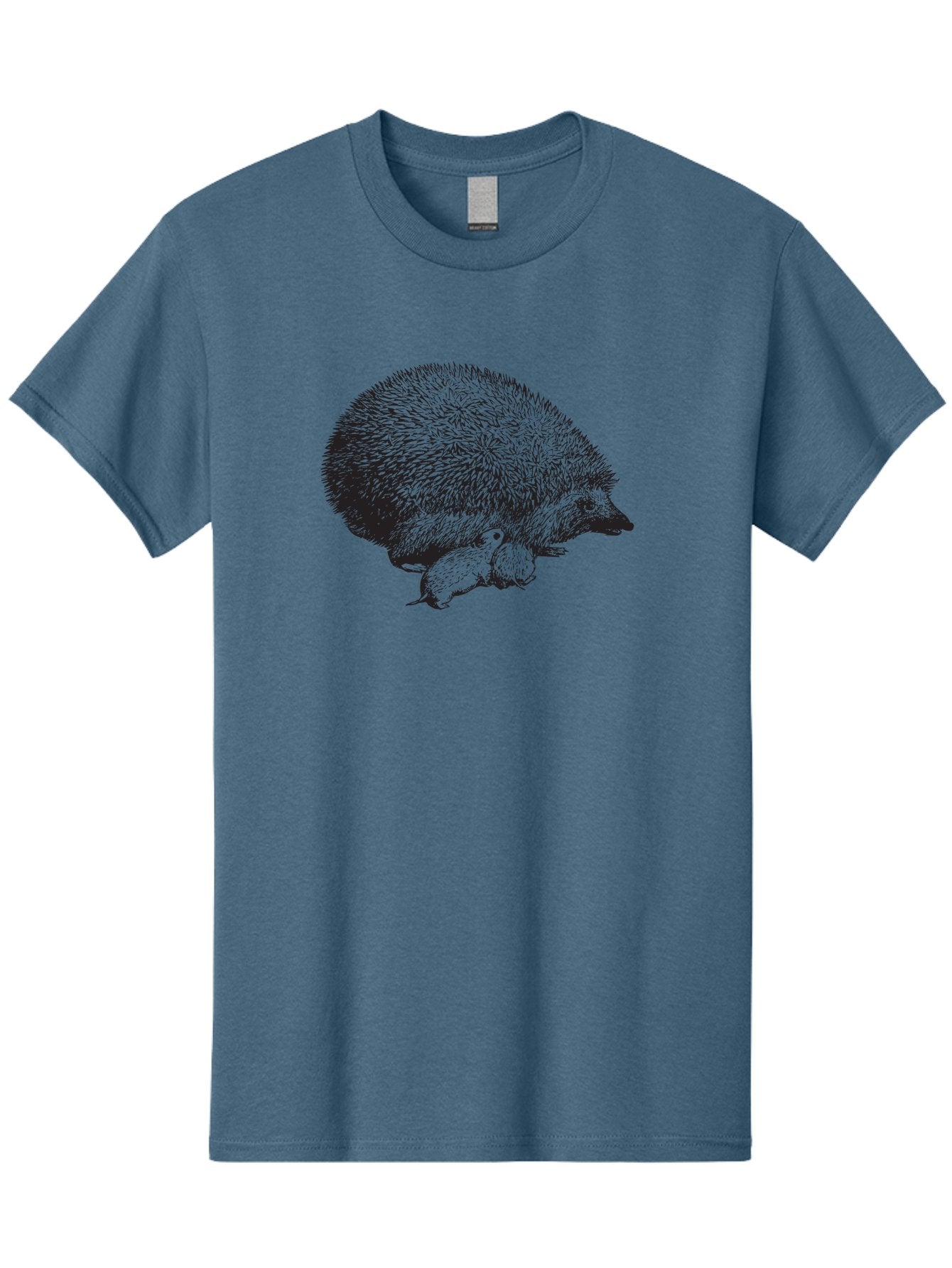 Hedgehog-With-Babies Men'S Graphic Tee, 100% Cotton, Comfortable Casual Summer Wear, Machine Washable, Hedgehog With Babies, Wildlife Illustration, Spiky Texture, Motherly Love, Forest Creatures, Black And Green, Detailed Artwork, Quills Aad897