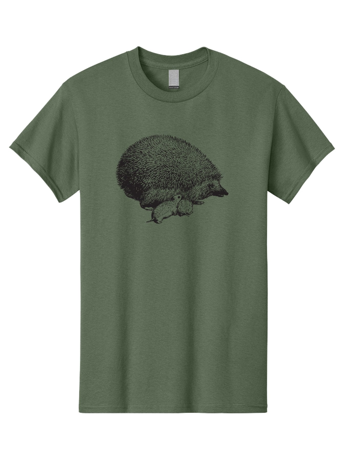 Hedgehog-With-Babies Men'S Graphic Tee, 100% Cotton, Comfortable Casual Summer Wear, Machine Washable, Hedgehog With Babies, Wildlife Illustration, Spiky Texture, Motherly Love, Forest Creatures, Black And Green, Detailed Artwork, Quills Aad897 5