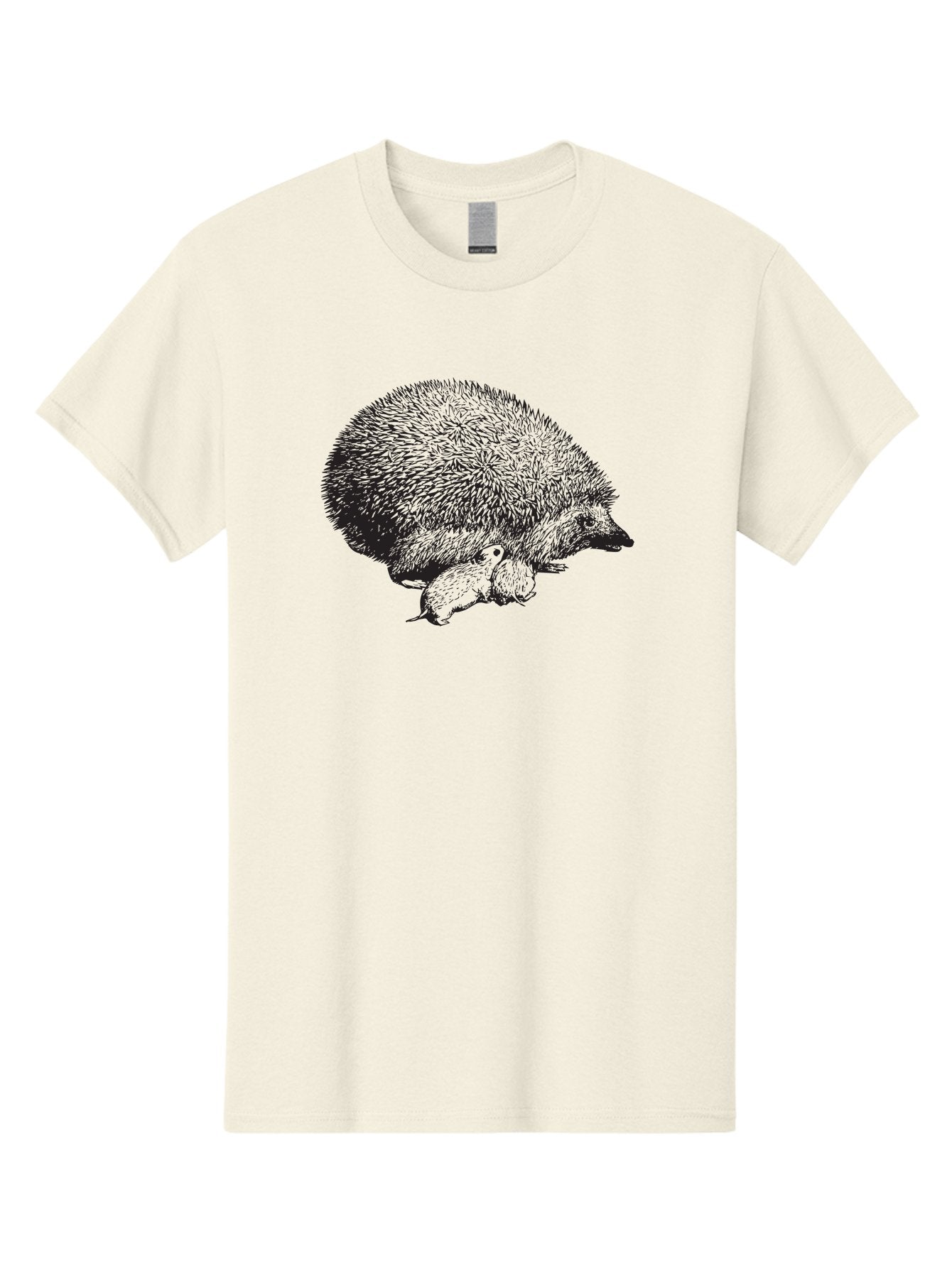 Hedgehog-With-Babies Men'S Graphic Tee, 100% Cotton, Comfortable Casual Summer Wear, Machine Washable, Hedgehog With Babies, Wildlife Illustration, Spiky Texture, Motherly Love, Forest Creatures, Black And Green, Detailed Artwork, Quills Aad897 9