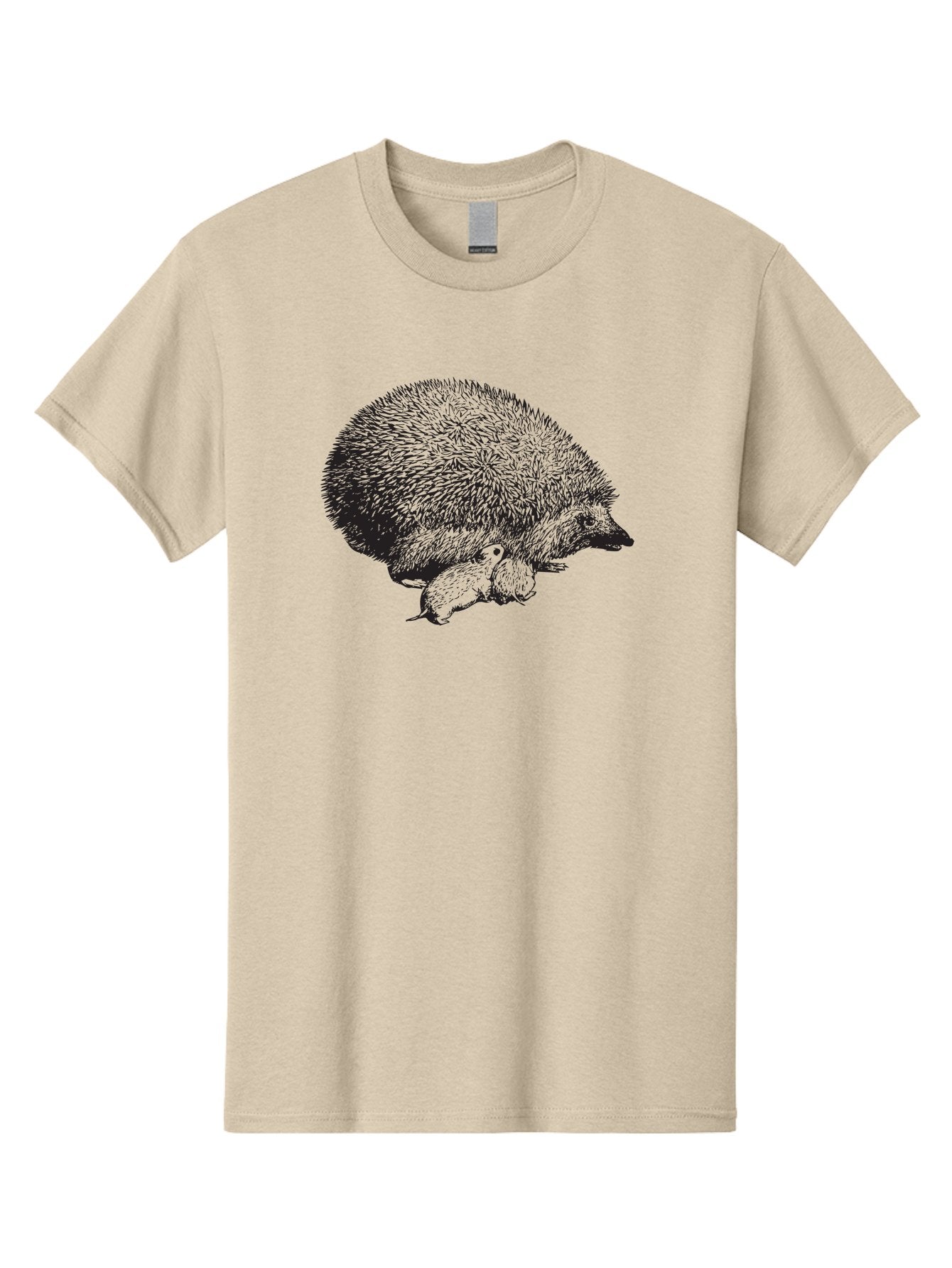 Hedgehog-With-Babies Men'S Graphic Tee, 100% Cotton, Comfortable Casual Summer Wear, Machine Washable, Hedgehog With Babies, Wildlife Illustration, Spiky Texture, Motherly Love, Forest Creatures, Black And Green, Detailed Artwork, Quills Aad897 4