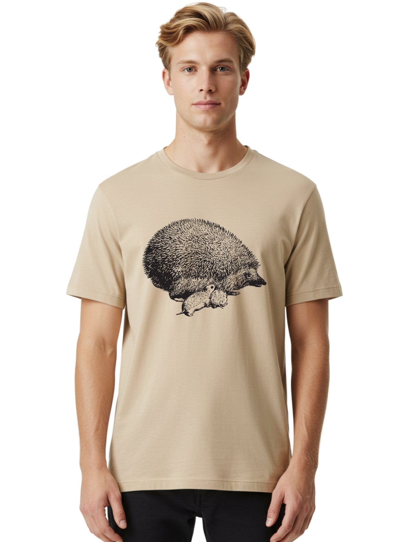Hedgehog-With-Babies Men'S Graphic Tee, 100% Cotton, Comfortable Casual Summer Wear, Machine Washable, Hedgehog With Babies, Wildlife Illustration, Spiky Texture, Motherly Love, Forest Creatures, Black And Green, Detailed Artwork, Quills Aad897 18