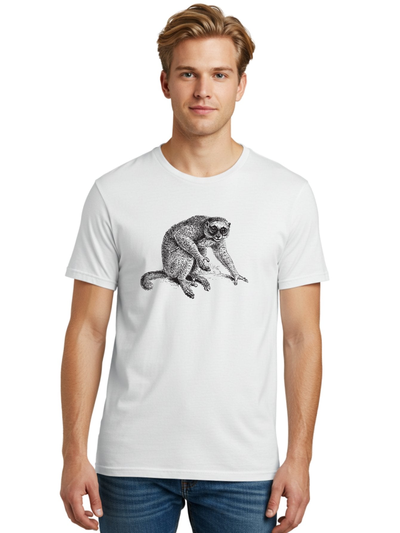 Lemur-Illustration Men'S Graphic Tee, 100% Cotton, Comfortable Casual Summer Wear, Machine Washable, Lemur On A Branch, Wildlife Art, Primate Illustration, Exotic Animal, Detailed Drawing, Furry Creature Aad904 26