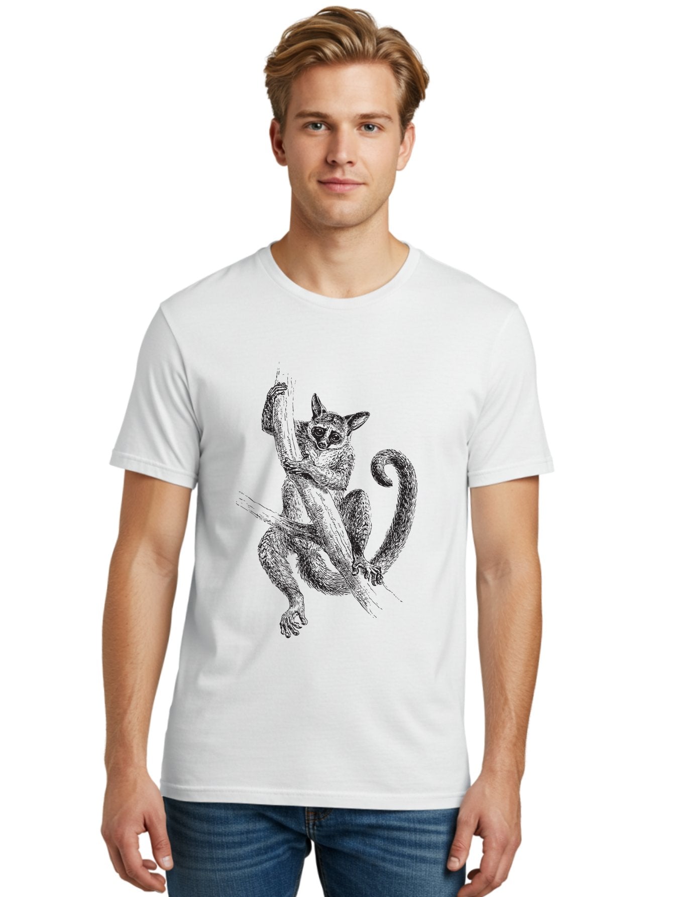 Lemur-Sketch Men'S Graphic Tee, 100% Cotton, Comfortable Casual Summer Wear, Machine Washable, Lemur Hanging From Tree Branch, Wild Animal, Primate, Tropical Forest, Agile Creature, Detailed Illustration, Wildlife Art, Exotic Species, Aad905 26