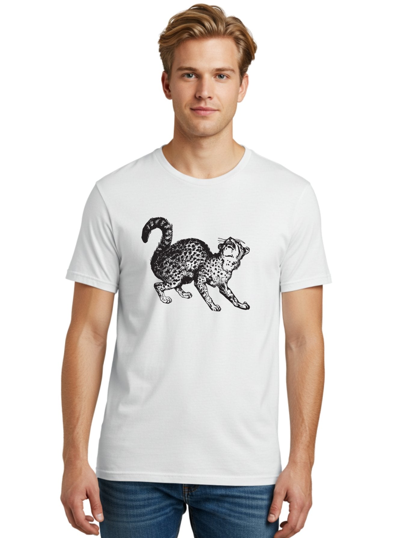 Leopard-1 Men'S Graphic Tee, 100% Cotton, Comfortable Casual Summer Wear, Machine Washable, Leopard, Spotted Fur, Wild Cat, Black Illustration, Dynamic Pose, Wildlife Art, Feline, Animal Graphic, Spotted Pattern Aad906 22