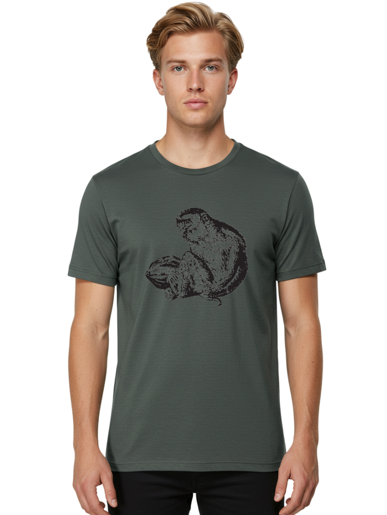 Monkey-And-Baby Men'S Graphic Tee, 100% Cotton, Comfortable Casual Summer Wear, Machine Washable, Monkey Holding Baby Monkey, Primate Love, Primate Family, Animal Bonding, Nurturing, Wildlife Illustration, Detailed Drawing Aad915 4