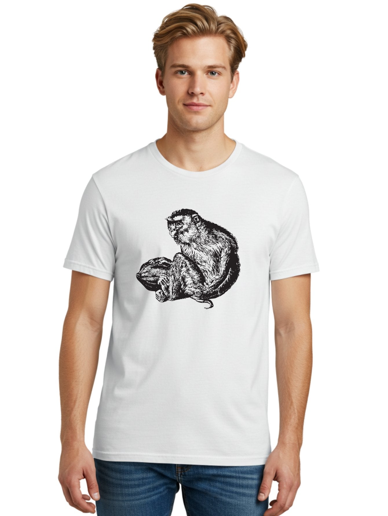 Monkey-And-Baby Men'S Graphic Tee, 100% Cotton, Comfortable Casual Summer Wear, Machine Washable, Monkey Holding Baby Monkey, Primate Love, Primate Family, Animal Bonding, Nurturing, Wildlife Illustration, Detailed Drawing Aad915 24