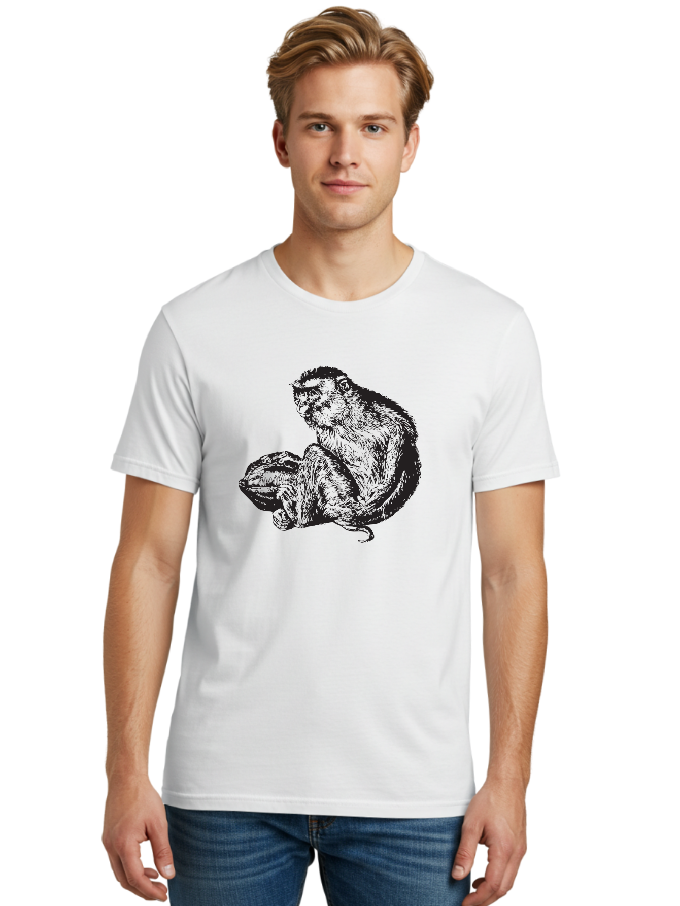 Monkey-And-Baby Men'S Graphic Tee, 100% Cotton, Comfortable Casual Summer Wear, Machine Washable, Monkey Holding Baby Monkey, Primate Love, Primate Family, Animal Bonding, Nurturing, Wildlife Illustration, Detailed Drawing Aad915 14