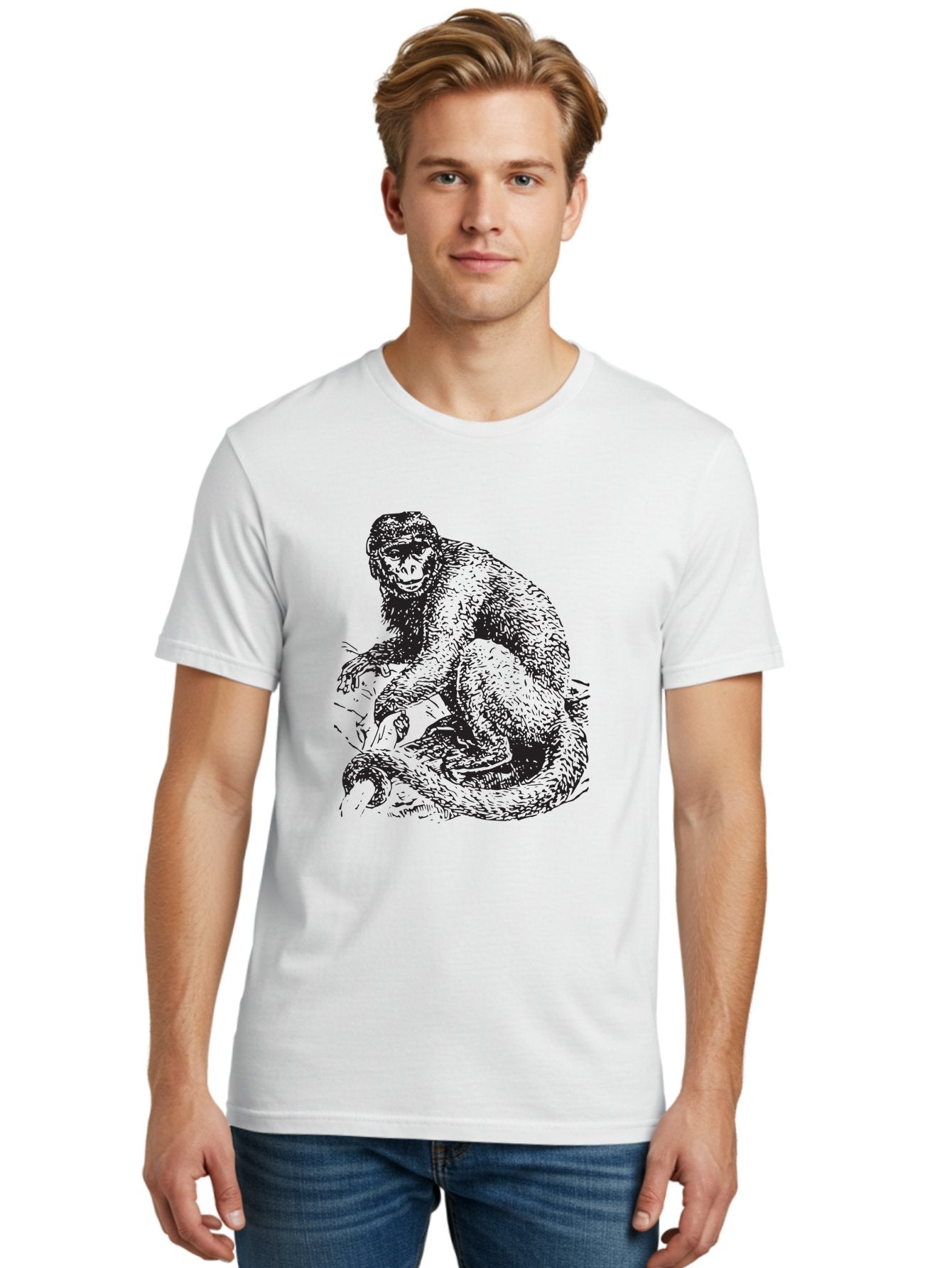 Monkey-Eating-Snake Men'S Graphic Tee, 100% Cotton, Comfortable Casual Summer Wear, Machine Washable, Monkey With Long Tail, Wildlife Art, Primate Illustration, Monkey Drawing, Furry Creature, Animal Graphics, Monkey Artwork, Simple Sketches Aad916 19
