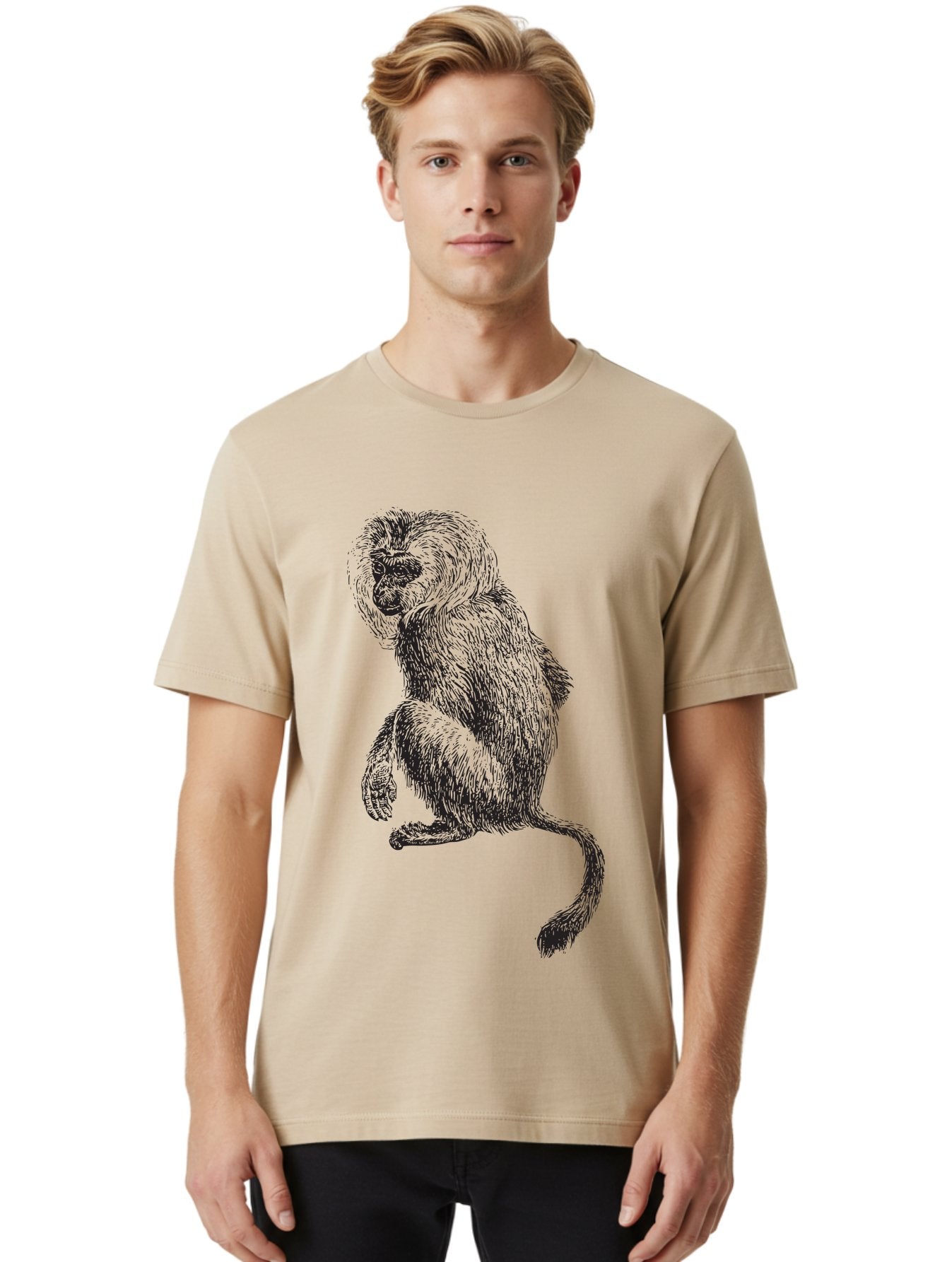 Monkey-Illustration Men'S Graphic Tee, 100% Cotton, Comfortable Casual Summer Wear, Machine Washable, Monkey Sketch, Primate Art, Wild Animal Drawing, Furry Creature, Tail Swish, Wildlife Illustration, Animal Graphics, Monkey Face, Aad917 26