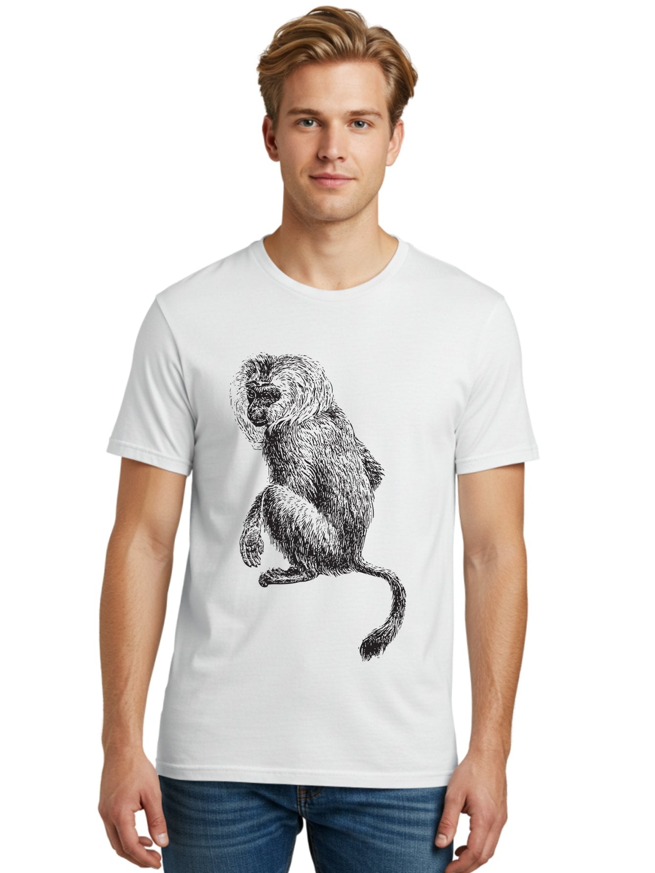 Monkey-Illustration Men'S Graphic Tee, 100% Cotton, Comfortable Casual Summer Wear, Machine Washable, Monkey Sketch, Primate Art, Wild Animal Drawing, Furry Creature, Tail Swish, Wildlife Illustration, Animal Graphics, Monkey Face, Aad917 21