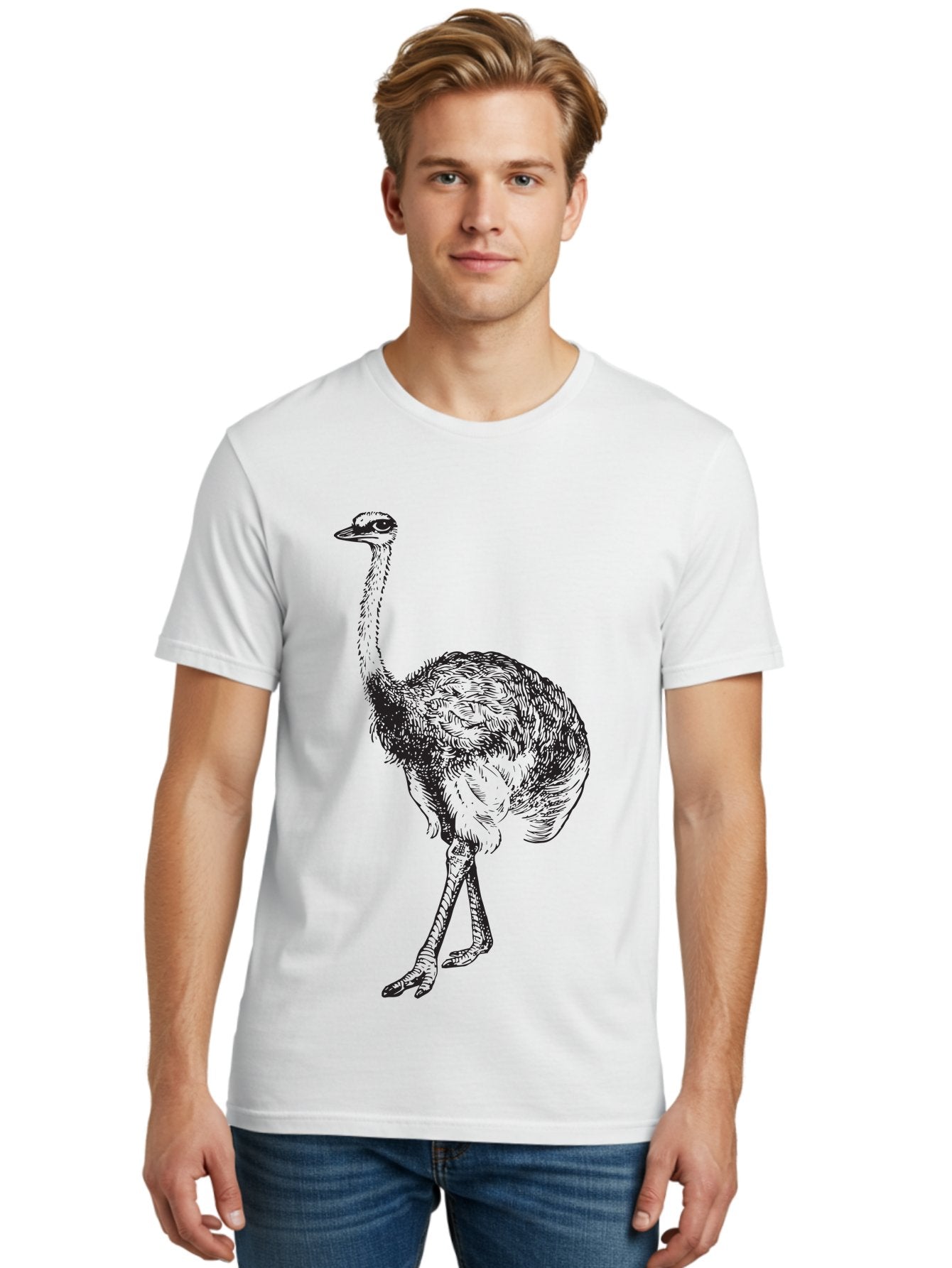 Ostrich-Illustration Men'S Graphic Tee, 100% Cotton, Comfortable Casual Summer Wear, Machine Washable, Ostrich Illustration, Bird Drawing, Wildlife Art, Long Neck, Large Bird, Natural History, Fauna, Wild Animal, Pen And Ink, Graphic Design Aad920 19