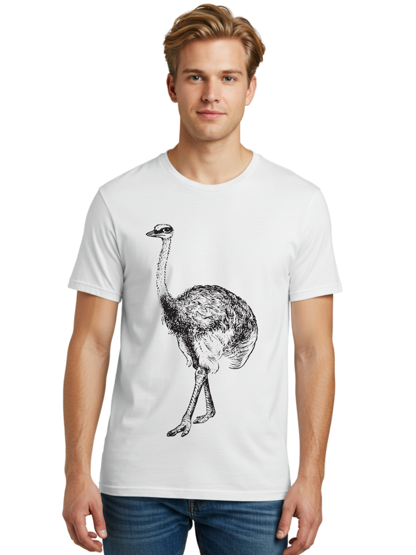 Ostrich-Illustration Men'S Graphic Tee, 100% Cotton, Comfortable Casual Summer Wear, Machine Washable, Ostrich Illustration, Bird Drawing, Wildlife Art, Long Neck, Large Bird, Natural History, Fauna, Wild Animal, Pen And Ink, Graphic Design Aad920 22