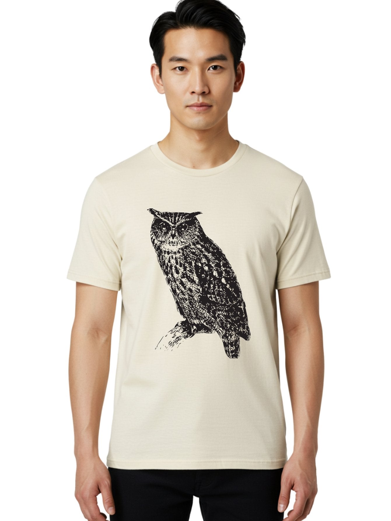 Owl Men'S Graphic Tee, 100% Cotton, Comfortable Casual Summer Wear, Machine Washable, Owl Perched On Branch, Nocturnal Bird, Wise Eyes, Spotted Feathers, Mysterious Creature, Wildlife Art, Nature Illustration, Birdwatching, Aad921 23