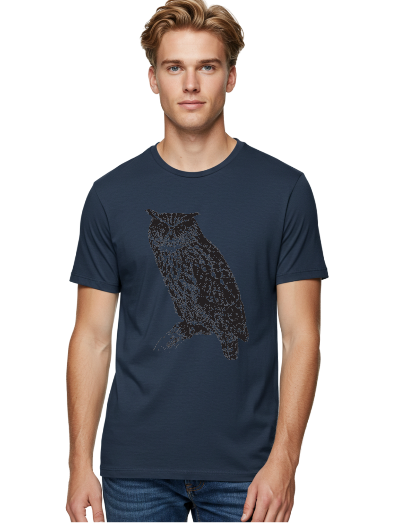 Owl Men'S Graphic Tee, 100% Cotton, Comfortable Casual Summer Wear, Machine Washable, Owl Perched On Branch, Nocturnal Bird, Wise Eyes, Spotted Feathers, Mysterious Creature, Wildlife Art, Nature Illustration, Birdwatching, Aad921