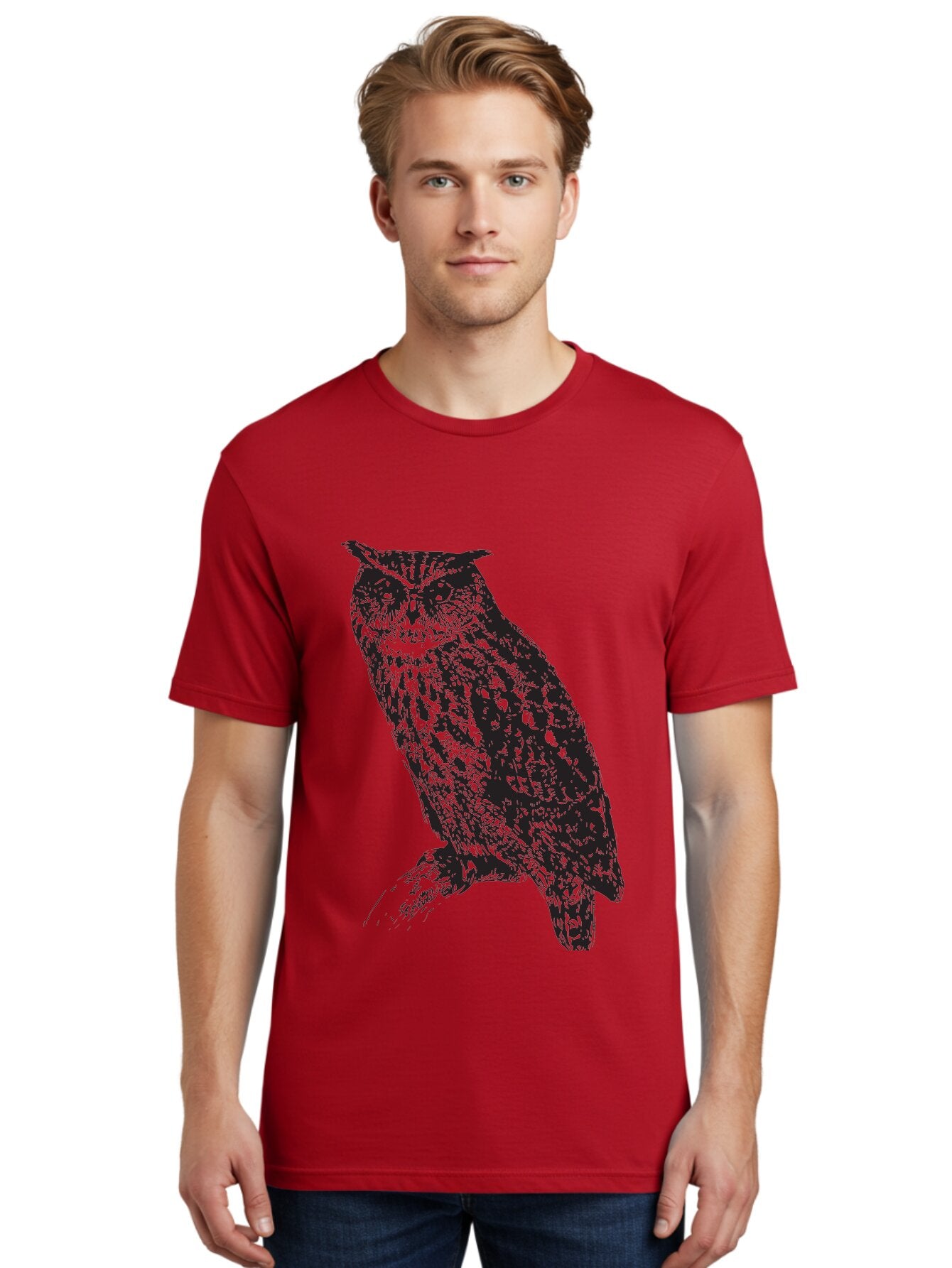 Owl Men'S Graphic Tee, 100% Cotton, Comfortable Casual Summer Wear, Machine Washable, Owl Perched On Branch, Nocturnal Bird, Wise Eyes, Spotted Feathers, Mysterious Creature, Wildlife Art, Nature Illustration, Birdwatching, Aad921 21