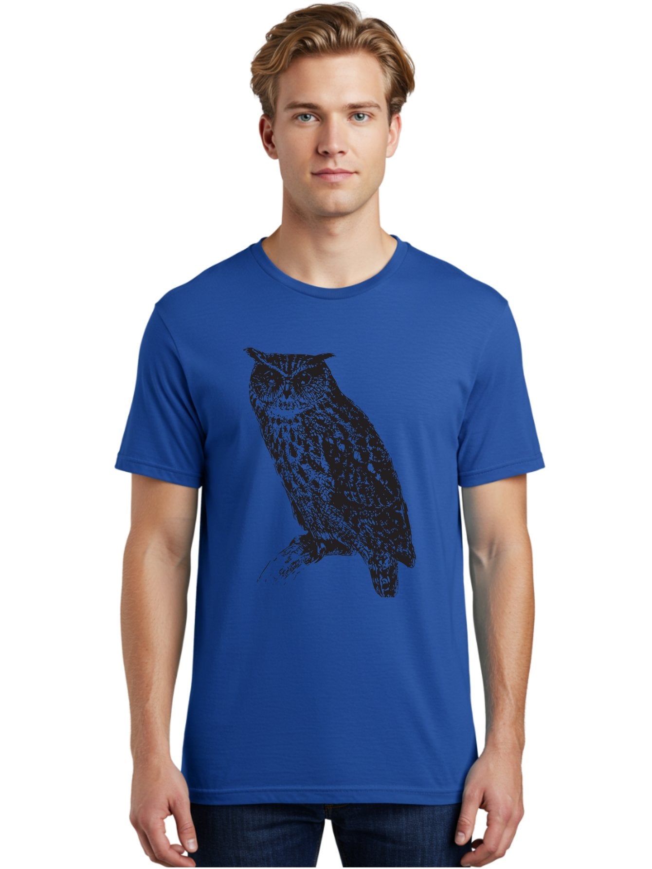 Owl Men'S Graphic Tee, 100% Cotton, Comfortable Casual Summer Wear, Machine Washable, Owl Perched On Branch, Nocturnal Bird, Wise Eyes, Spotted Feathers, Mysterious Creature, Wildlife Art, Nature Illustration, Birdwatching, Aad921 17