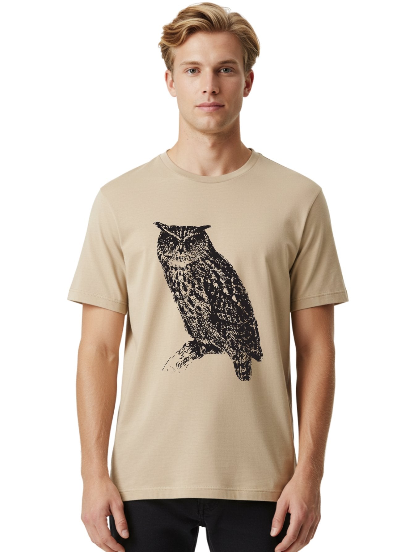 Owl Men'S Graphic Tee, 100% Cotton, Comfortable Casual Summer Wear, Machine Washable, Owl Perched On Branch, Nocturnal Bird, Wise Eyes, Spotted Feathers, Mysterious Creature, Wildlife Art, Nature Illustration, Birdwatching, Aad921 24