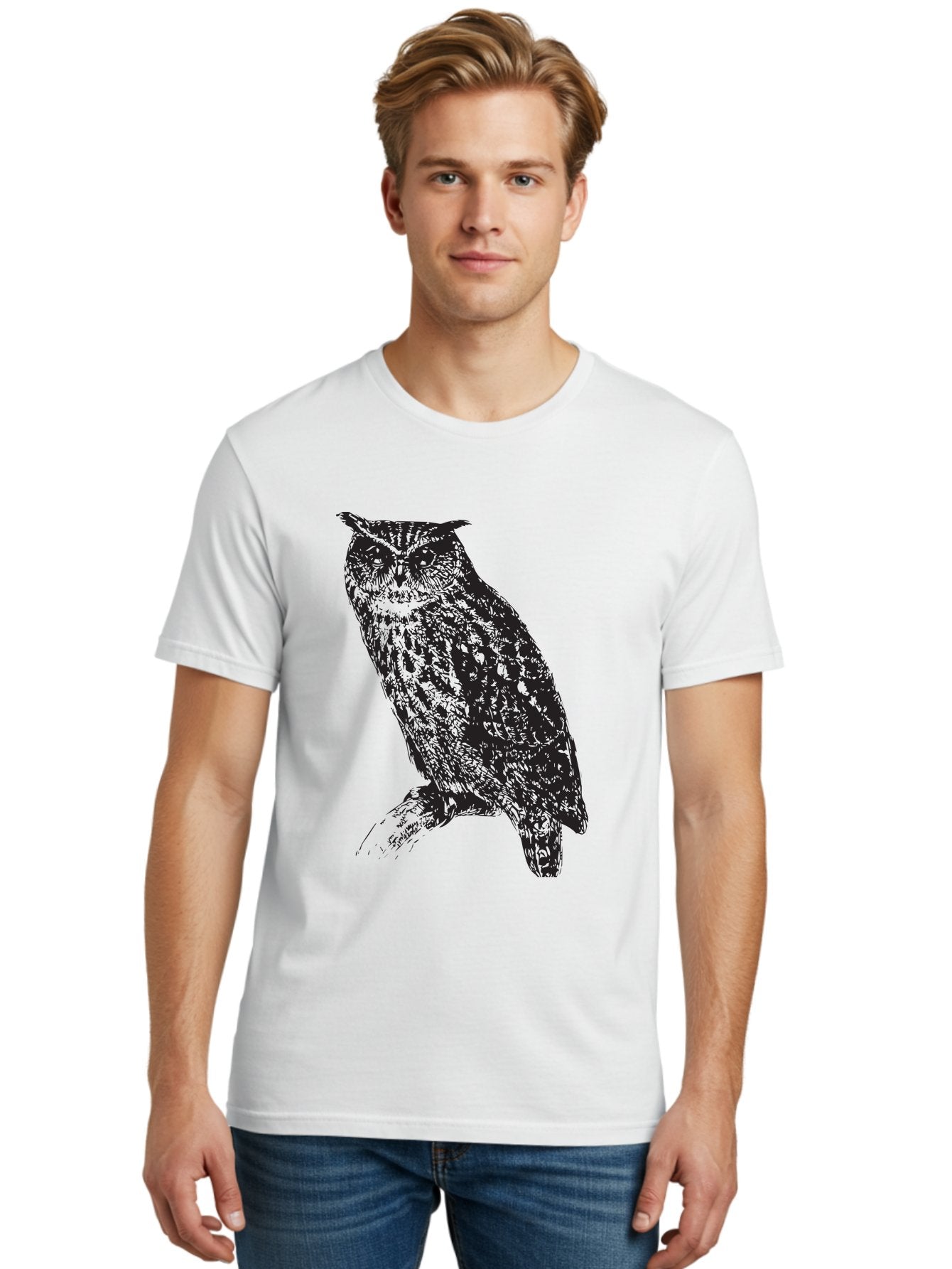 Owl Men'S Graphic Tee, 100% Cotton, Comfortable Casual Summer Wear, Machine Washable, Owl Perched On Branch, Nocturnal Bird, Wise Eyes, Spotted Feathers, Mysterious Creature, Wildlife Art, Nature Illustration, Birdwatching, Aad921 16
