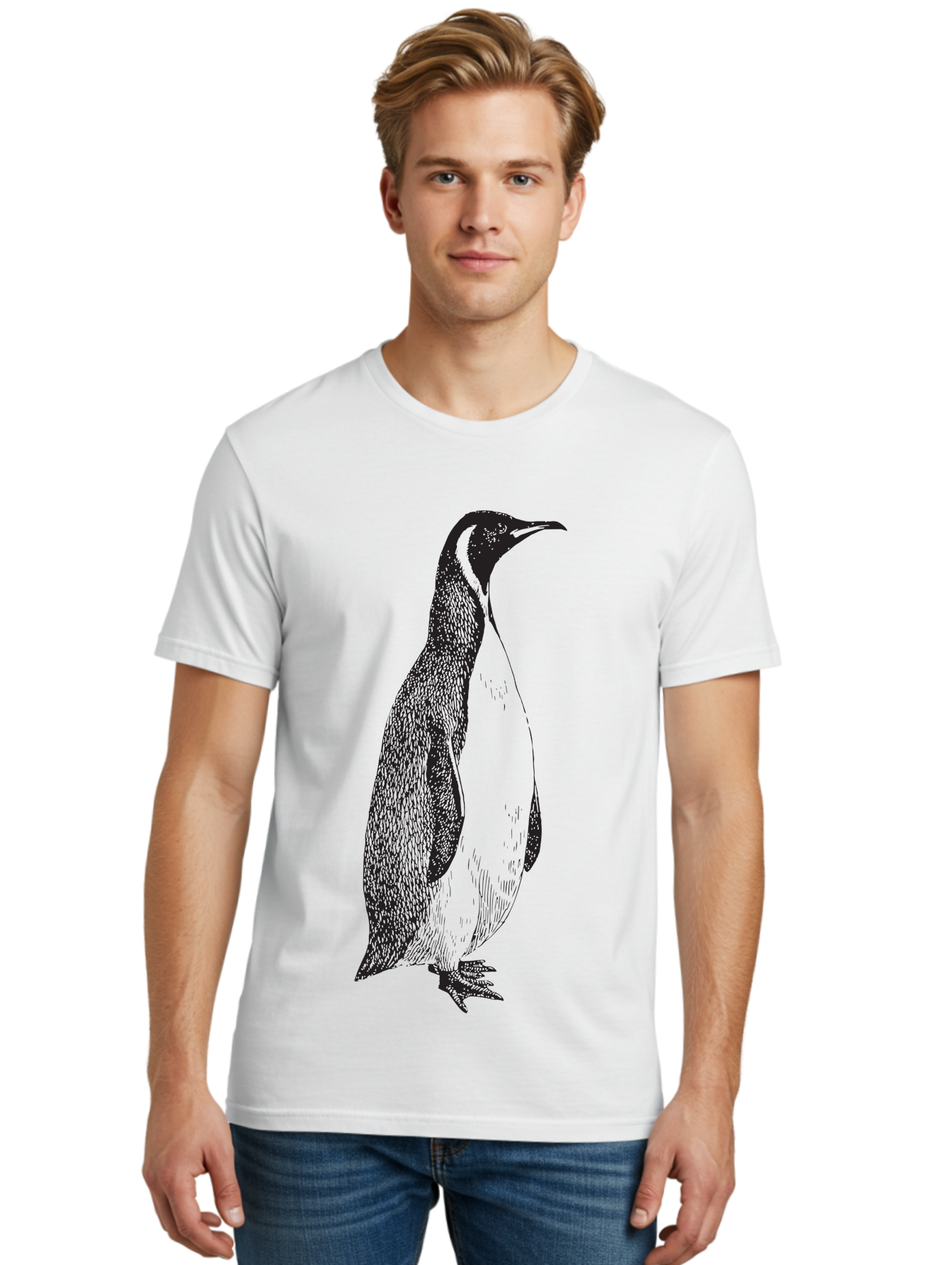 Penguin Men'S Graphic Tee, 100% Cotton, Comfortable Casual Summer Wear, Machine Washable, Penguin Illustration, Black And White Penguin, Detailed Artwork, Wildlife Graphic, Stylized Bird, Antarctic Bird, Tuxedo Bird, Flightless Bird, Aad924 24