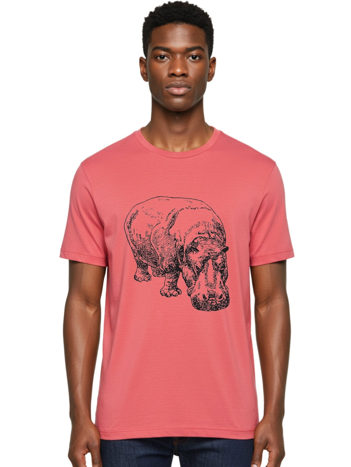 Rhinoceros-1 Men'S Graphic Tee, 100% Cotton, Comfortable Casual Summer Wear, Machine Washable, Rhinoceros Illustration, Detailed Drawing, Wildlife Art, Black And Green, Rhino Portrait, Wild Animal, Engraved Style, Nature Graphic, Animal Design Aad939 19