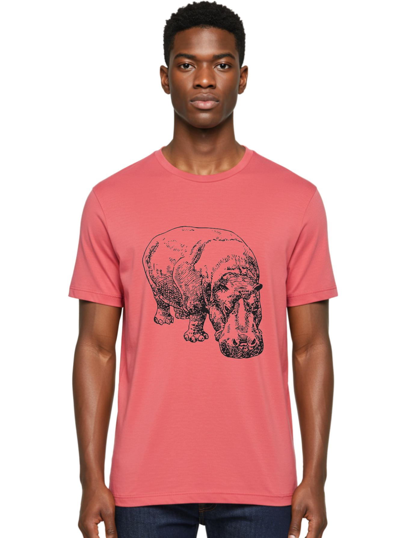 Rhinoceros-1 Men'S Graphic Tee, 100% Cotton, Comfortable Casual Summer Wear, Machine Washable, Rhinoceros Illustration, Detailed Drawing, Wildlife Art, Black And Green, Rhino Portrait, Wild Animal, Engraved Style, Nature Graphic, Animal Design Aad939 22