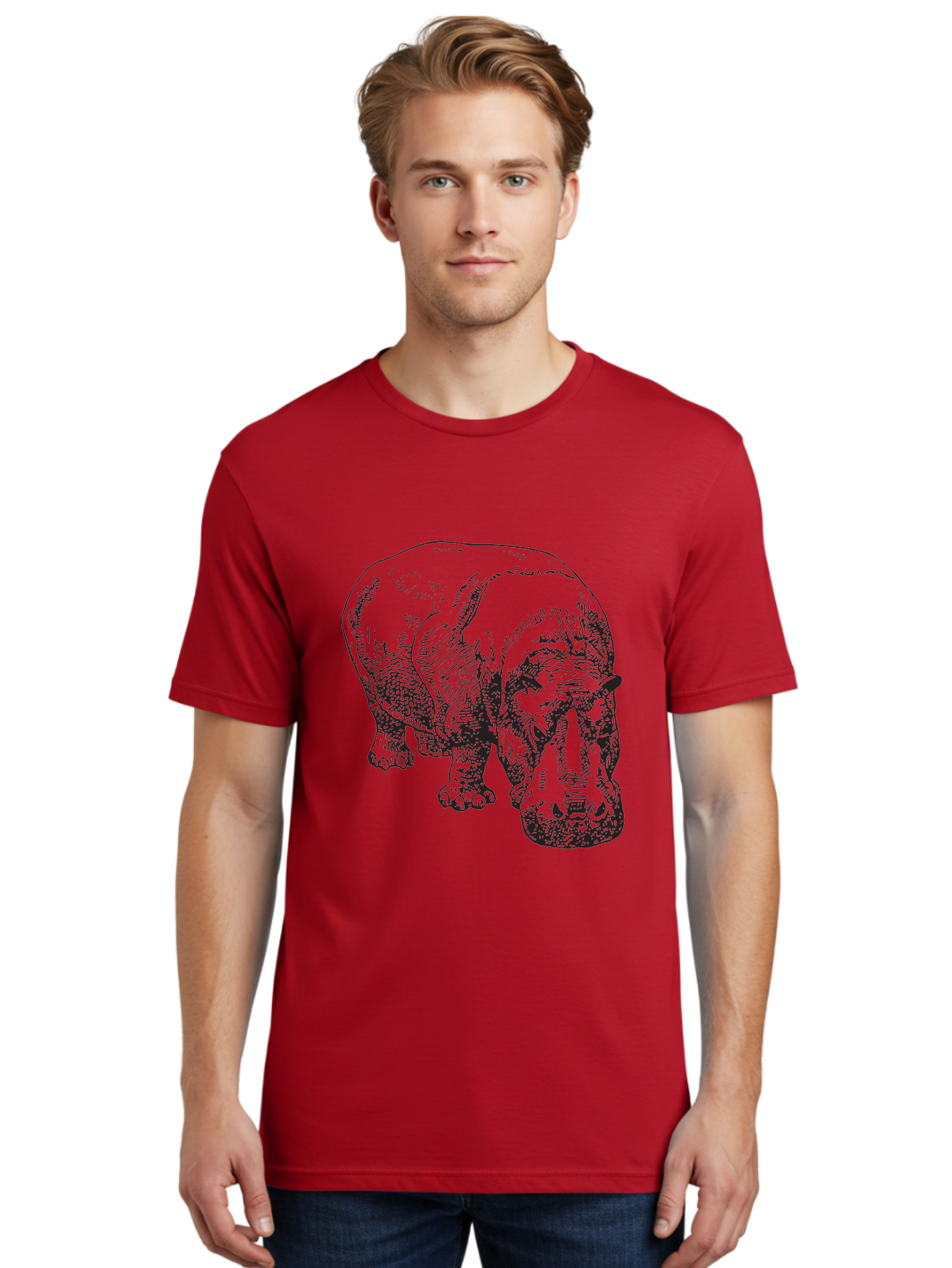 Rhinoceros-1 Men'S Graphic Tee, 100% Cotton, Comfortable Casual Summer Wear, Machine Washable, Rhinoceros Illustration, Detailed Drawing, Wildlife Art, Black And Green, Rhino Portrait, Wild Animal, Engraved Style, Nature Graphic, Animal Design Aad939