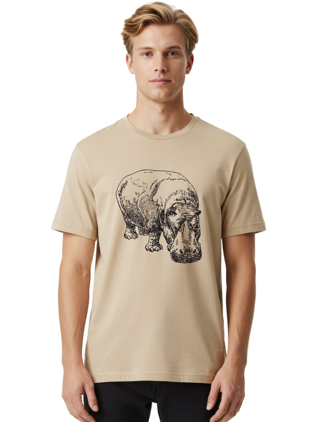 Rhinoceros-1 Men'S Graphic Tee, 100% Cotton, Comfortable Casual Summer Wear, Machine Washable, Rhinoceros Illustration, Detailed Drawing, Wildlife Art, Black And Green, Rhino Portrait, Wild Animal, Engraved Style, Nature Graphic, Animal Design Aad939 27