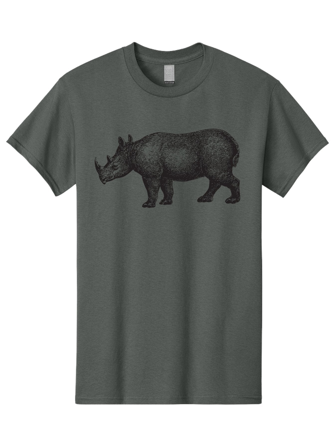 Rhinoceros Men'S Graphic Tee, 100% Cotton, Comfortable Casual Summer Wear, Machine Washable, Rhinoceros, Wildlife, Black And Green Illustration, Endangered Species, Wild Animal, Rhino Horn, Cross-Hatching Technique, Detailed Artwork, Aad941