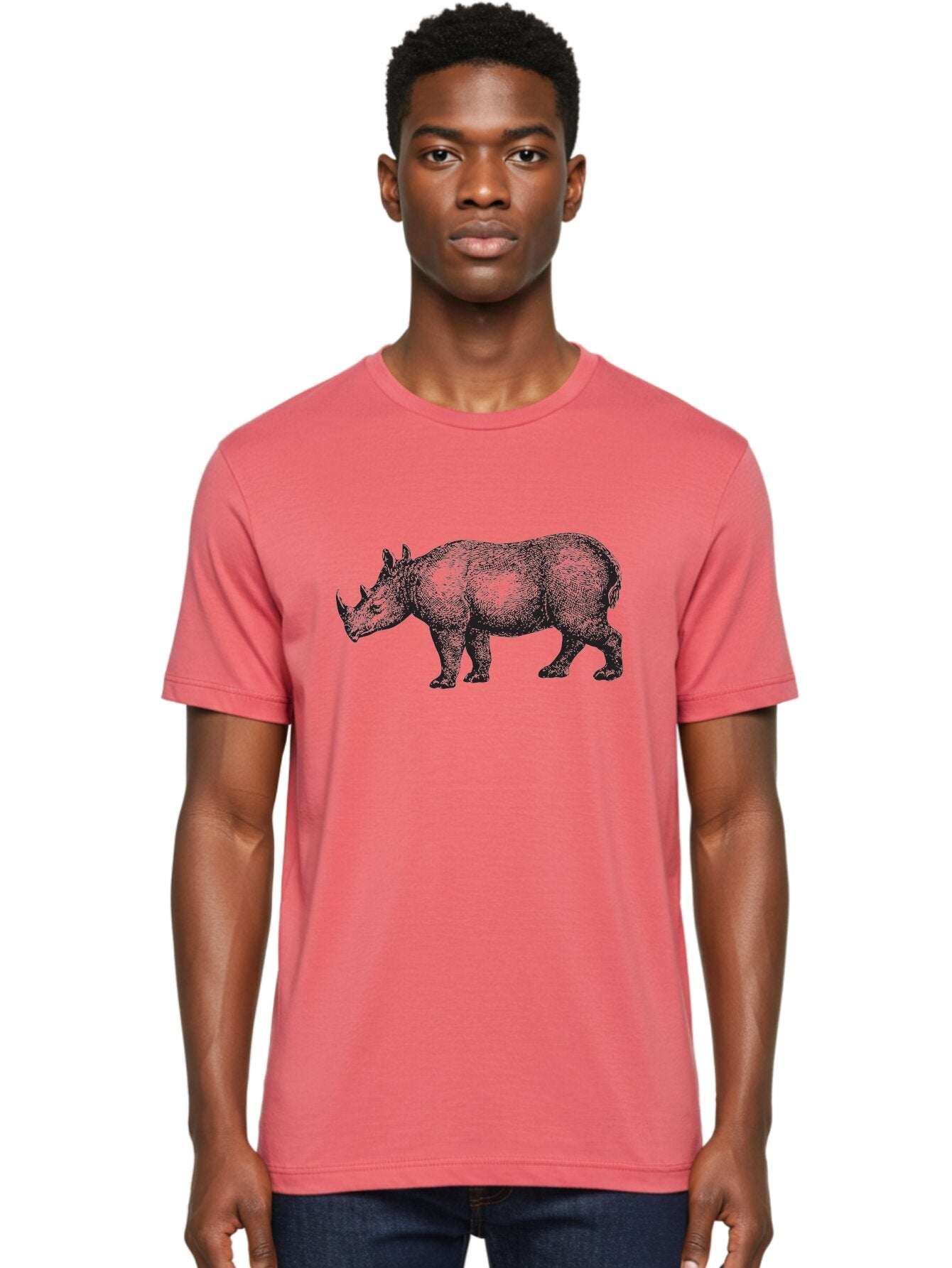 Rhinoceros Men'S Graphic Tee, 100% Cotton, Comfortable Casual Summer Wear, Machine Washable, Rhinoceros, Wildlife, Black And Green Illustration, Endangered Species, Wild Animal, Rhino Horn, Cross-Hatching Technique, Detailed Artwork, Aad941 16