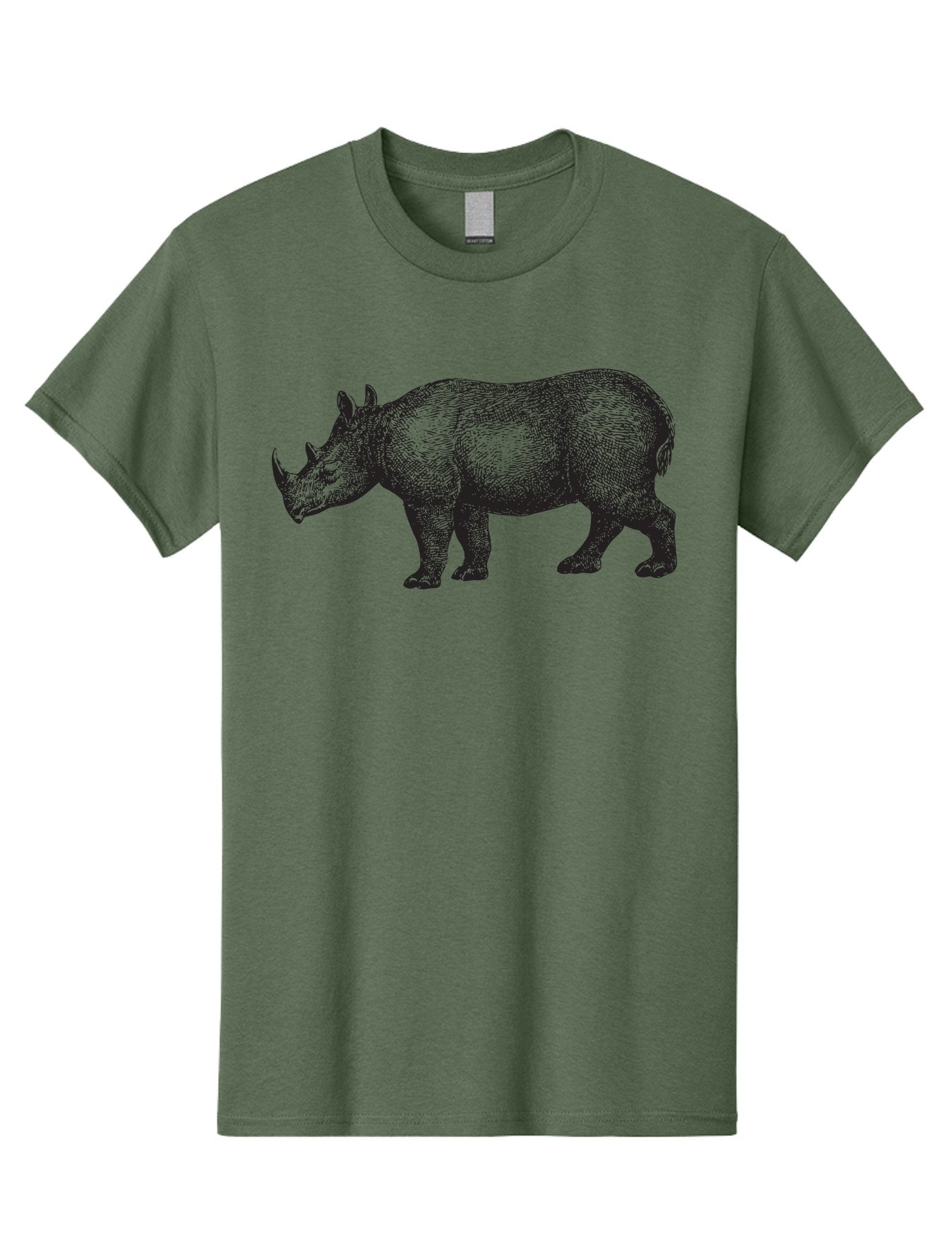 Rhinoceros Men'S Graphic Tee, 100% Cotton, Comfortable Casual Summer Wear, Machine Washable, Rhinoceros, Wildlife, Black And Green Illustration, Endangered Species, Wild Animal, Rhino Horn, Cross-Hatching Technique, Detailed Artwork, Aad941 13
