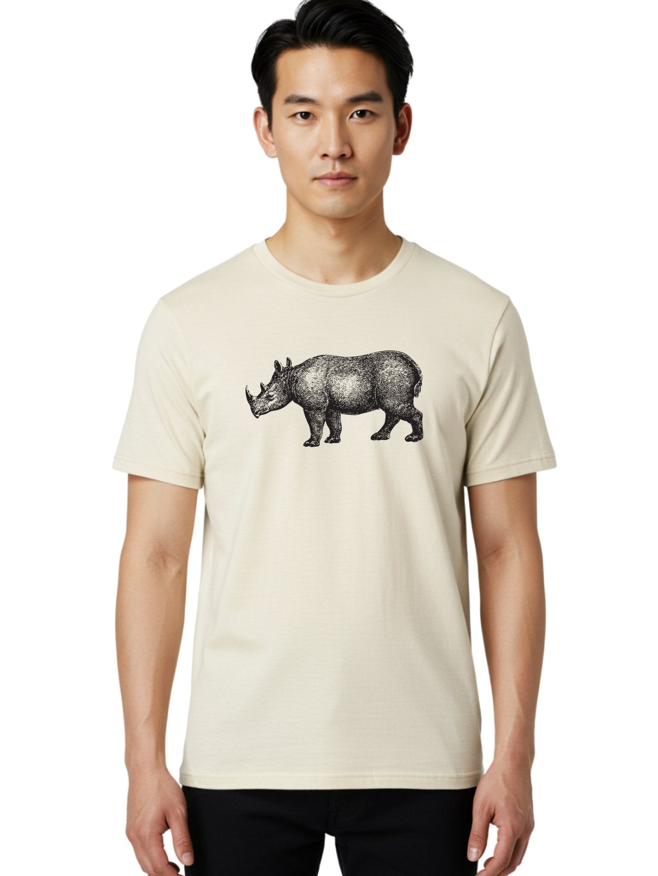 Rhinoceros Men'S Graphic Tee, 100% Cotton, Comfortable Casual Summer Wear, Machine Washable, Rhinoceros, Wildlife, Black And Green Illustration, Endangered Species, Wild Animal, Rhino Horn, Cross-Hatching Technique, Detailed Artwork, Aad941 21