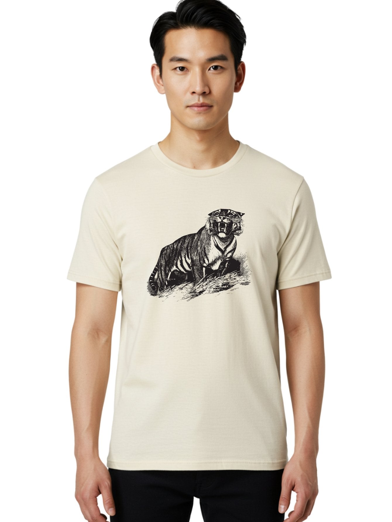 Roaring-Tiger Men'S Graphic Tee, 100% Cotton, Comfortable Casual Summer Wear, Machine Washable, Aggressive Tiger, Large Cat, Wild Animal, Striped Fur, Sharp Teeth, Fierce Expression, Powerful Pose, Forest Creature, Wildlife Art Aad942 28
