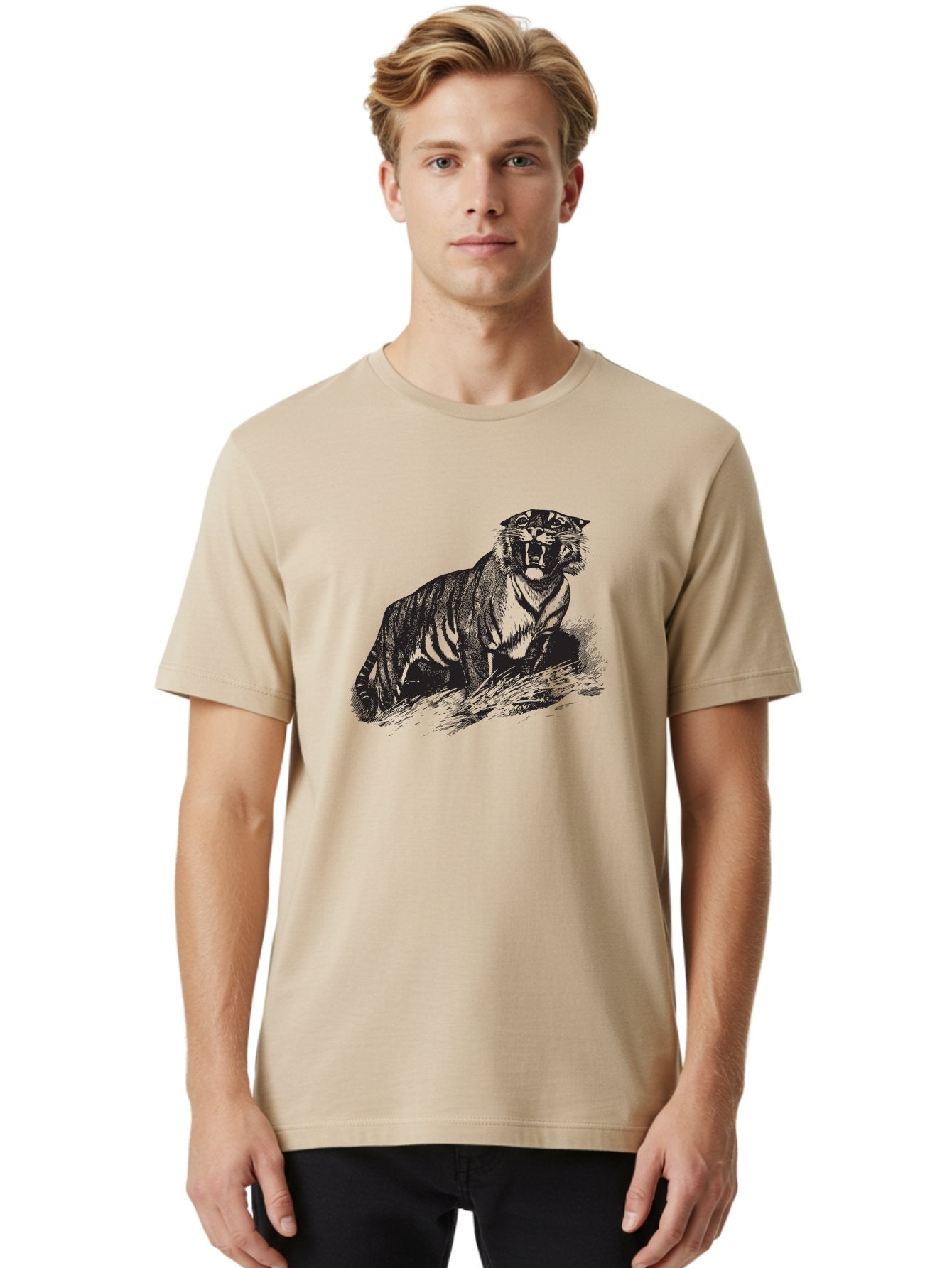 Roaring-Tiger Men'S Graphic Tee, 100% Cotton, Comfortable Casual Summer Wear, Machine Washable, Aggressive Tiger, Large Cat, Wild Animal, Striped Fur, Sharp Teeth, Fierce Expression, Powerful Pose, Forest Creature, Wildlife Art Aad942 26