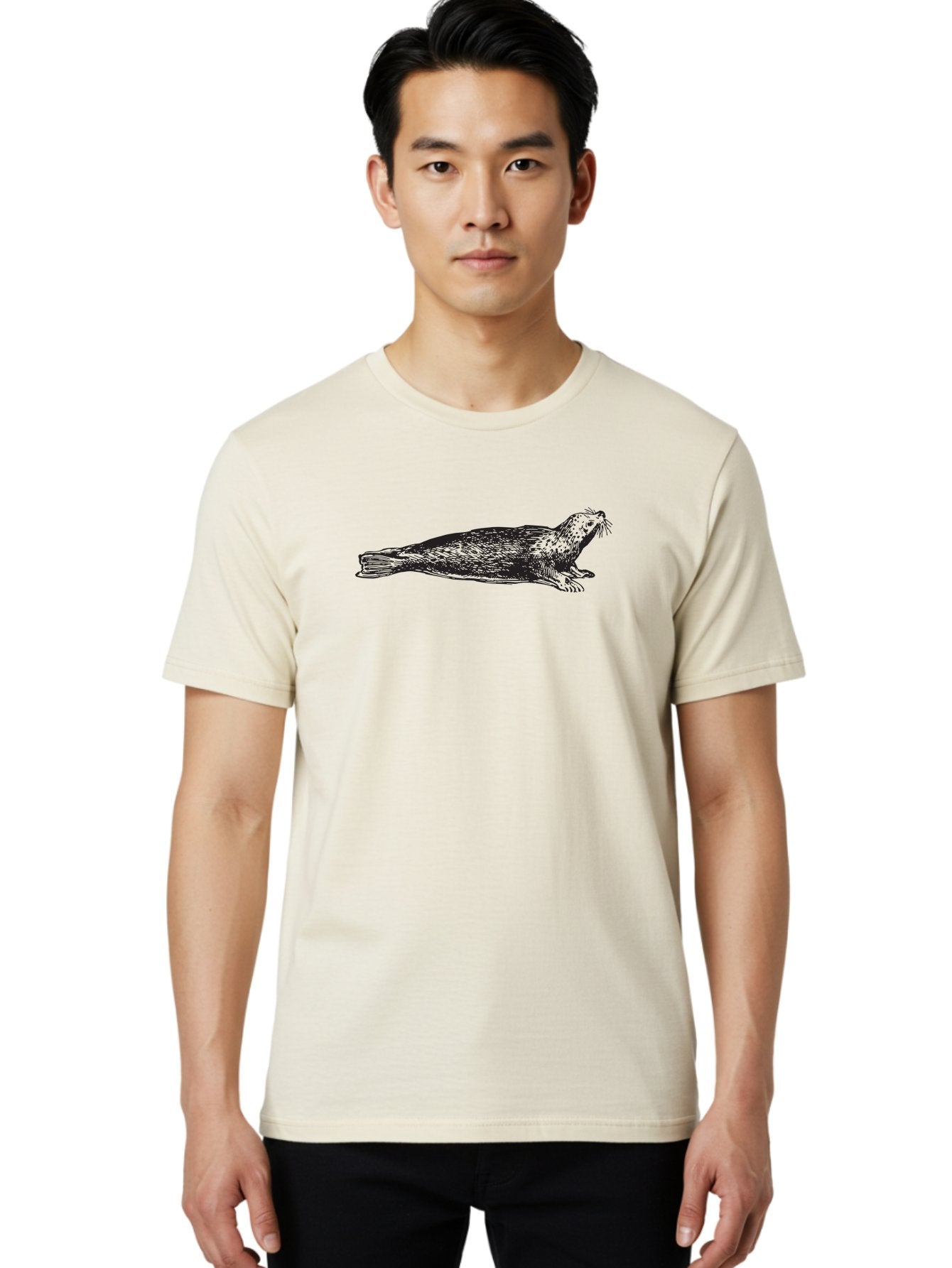 Seal Men'S Graphic Tee, 100% Cotton, Comfortable Casual Summer Wear, Machine Washable, Seal Illustration, Marine Mammal, Ocean Creature, Wildlife Art, Fur Texture, Whiskers, Fins, Hand-Drawn Style, Black Lines Aad946 25