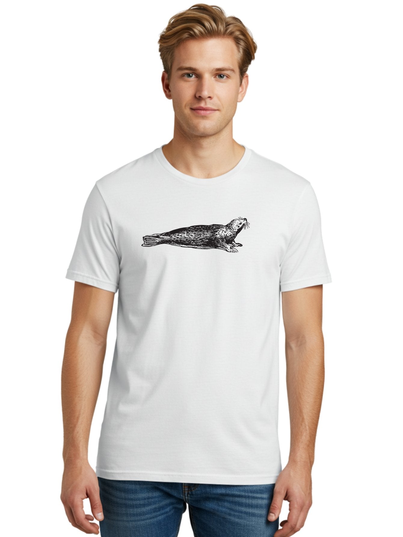 Seal Men'S Graphic Tee, 100% Cotton, Comfortable Casual Summer Wear, Machine Washable, Seal Illustration, Marine Mammal, Ocean Creature, Wildlife Art, Fur Texture, Whiskers, Fins, Hand-Drawn Style, Black Lines Aad946 30