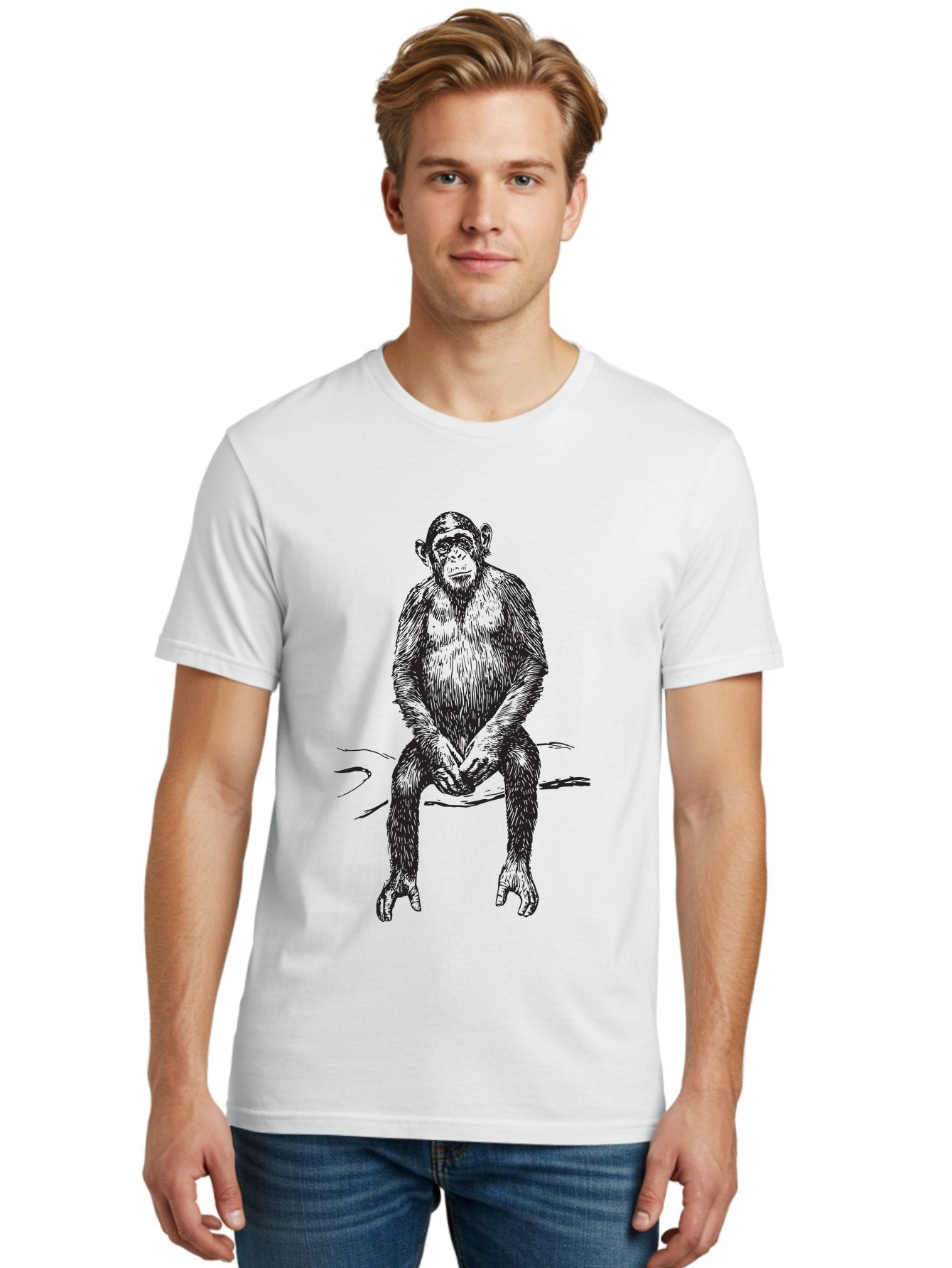Sitting-Monkey Men'S Graphic Tee, 100% Cotton, Comfortable Casual Summer Wear, Machine Washable, Chimpanzee Sitting, Primate Illustration, Monkey Artwork, Wildlife Graphic, Animal Design, Thoughtful Pose, Hand-Drawn Style, Forest Creature Aad948 28
