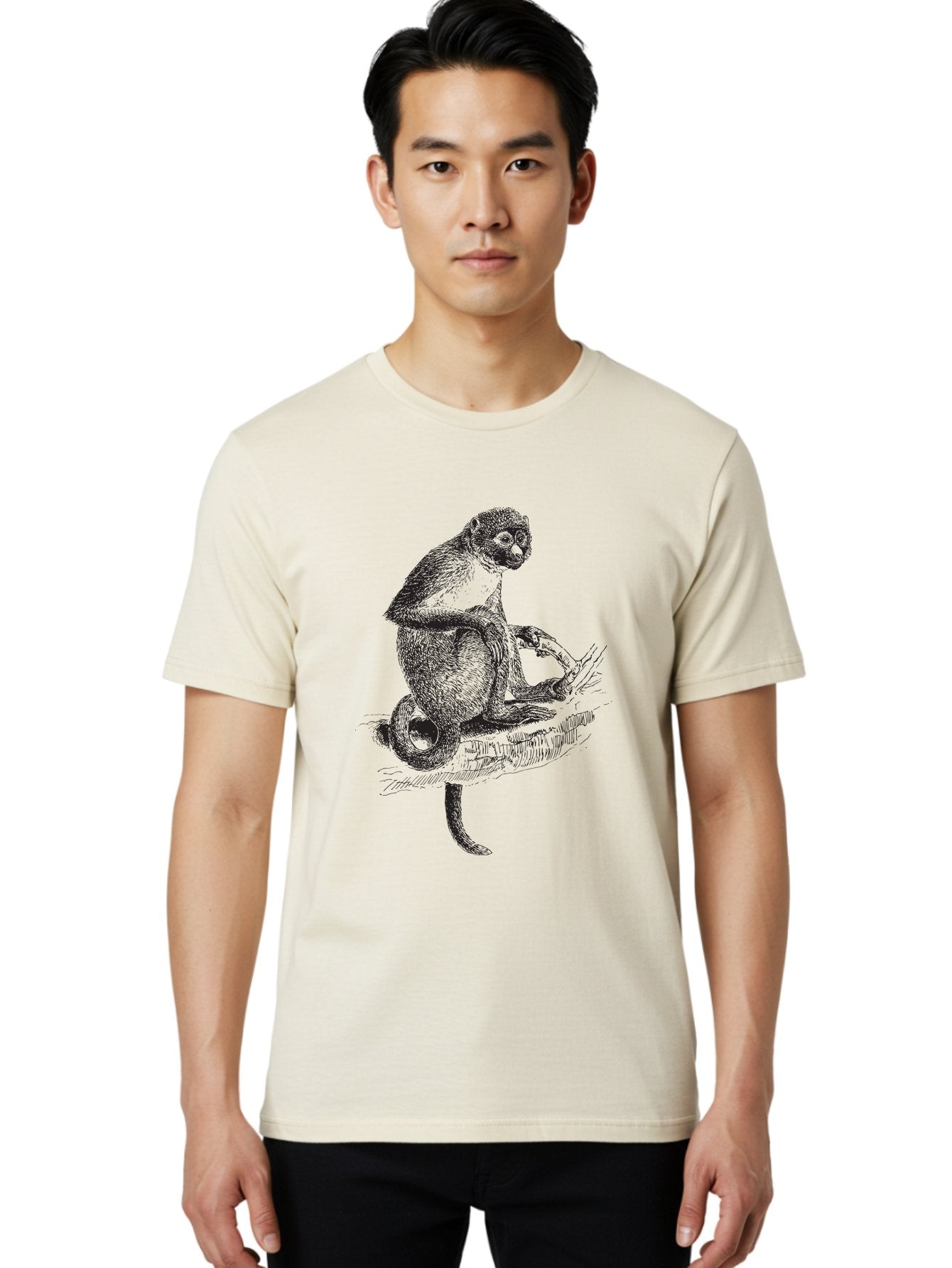 Sketch-Of-Monkey Men'S Graphic Tee, 100% Cotton, Comfortable Casual Summer Wear, Machine Washable, Monkey Sitting On Tree Branch, Primate Portrait, Wildlife Illustration, Detailed Sketch, Animal Art, Nature Drawing, Wildlife Graphic Aad949 16