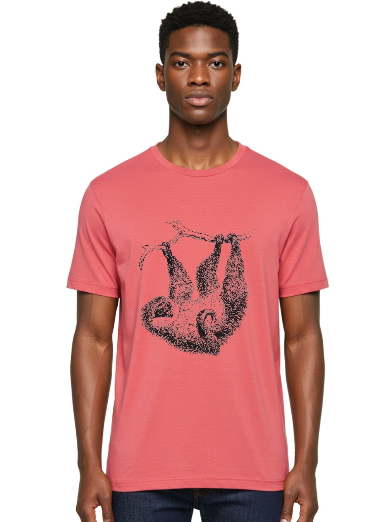 Sloth-Hanging-From-Branch Men'S Graphic Tee, 100% Cotton, Comfortable Casual Summer Wear, Machine Washable, Sloth Hanging Upside Down, Wildlife Illustration, Tropical Animal, Relaxed Pose, Tree Branch, Monochrome Art, Furry Texture, Aad950 25