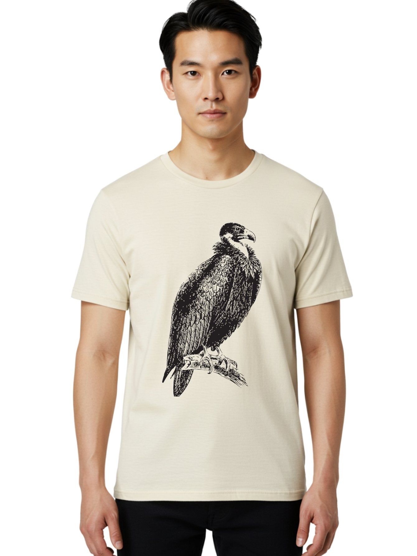 Vulture Men'S Graphic Tee, 100% Cotton, Comfortable Casual Summer Wear, Machine Washable, Vulture Perched On Branch, Bird Of Prey, Wildlife Illustration, Raptor, Sharp Talons, Feathers, Graphic Art, Wild Animal, Nature Sketch Aad965 24