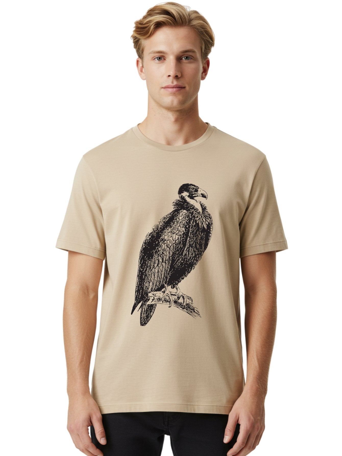 Vulture Men'S Graphic Tee, 100% Cotton, Comfortable Casual Summer Wear, Machine Washable, Vulture Perched On Branch, Bird Of Prey, Wildlife Illustration, Raptor, Sharp Talons, Feathers, Graphic Art, Wild Animal, Nature Sketch Aad965 23