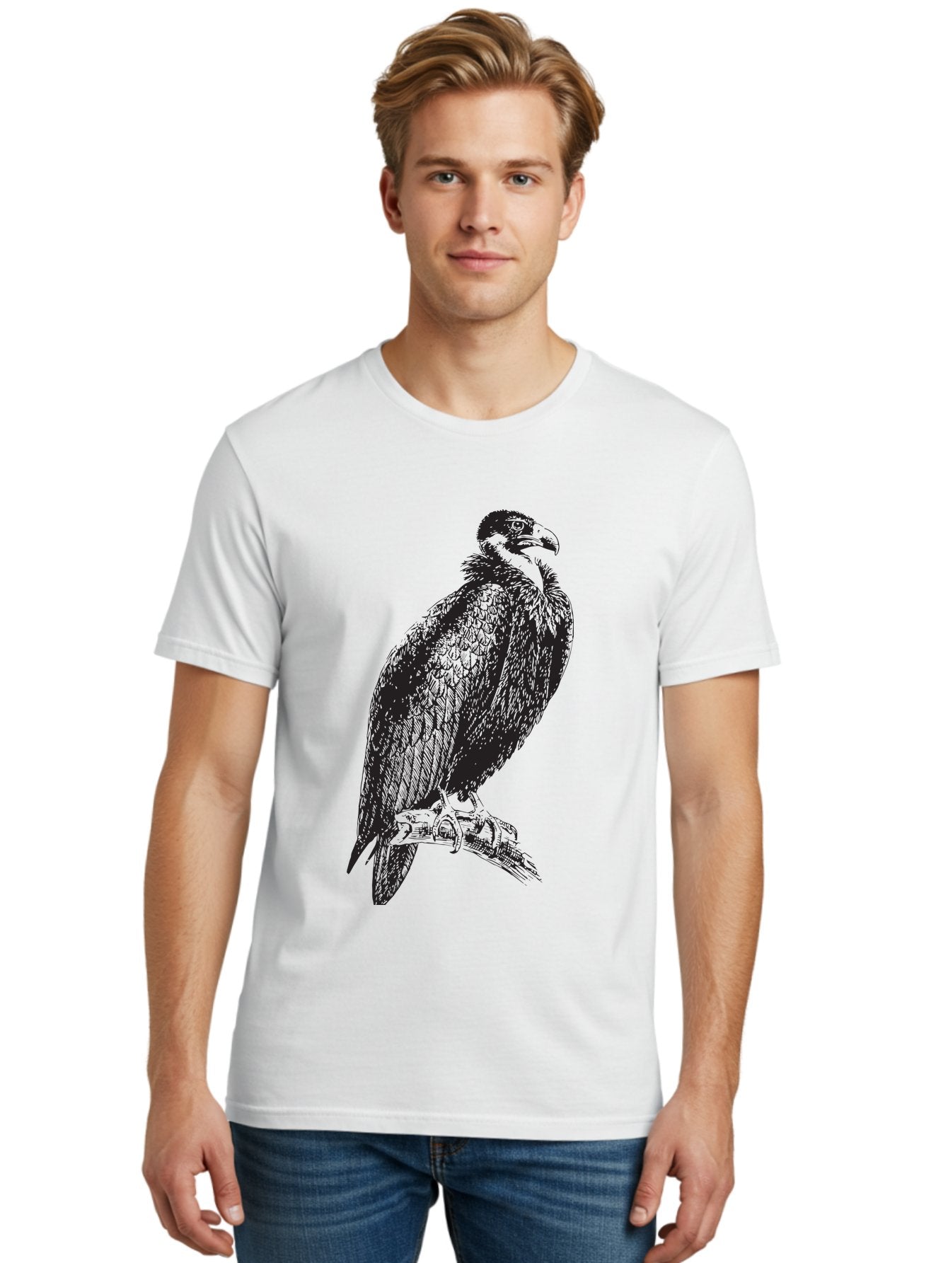 Vulture Men'S Graphic Tee, 100% Cotton, Comfortable Casual Summer Wear, Machine Washable, Vulture Perched On Branch, Bird Of Prey, Wildlife Illustration, Raptor, Sharp Talons, Feathers, Graphic Art, Wild Animal, Nature Sketch Aad965 21