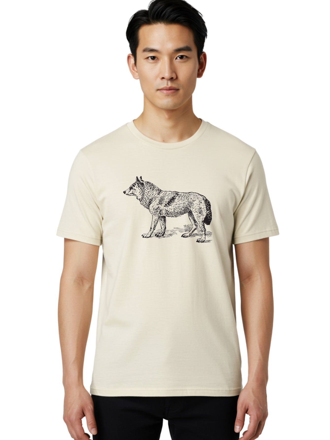 Wolf Men'S Graphic Tee, 100% Cotton, Comfortable Casual Summer Wear, Machine Washable, Wild Animal, Wolf Silhouette, Hand-Drawn Illustration, Wildlife Art, Animal Graphics, Simple Design, Line Art, Wildlife Symbol Aad968 4
