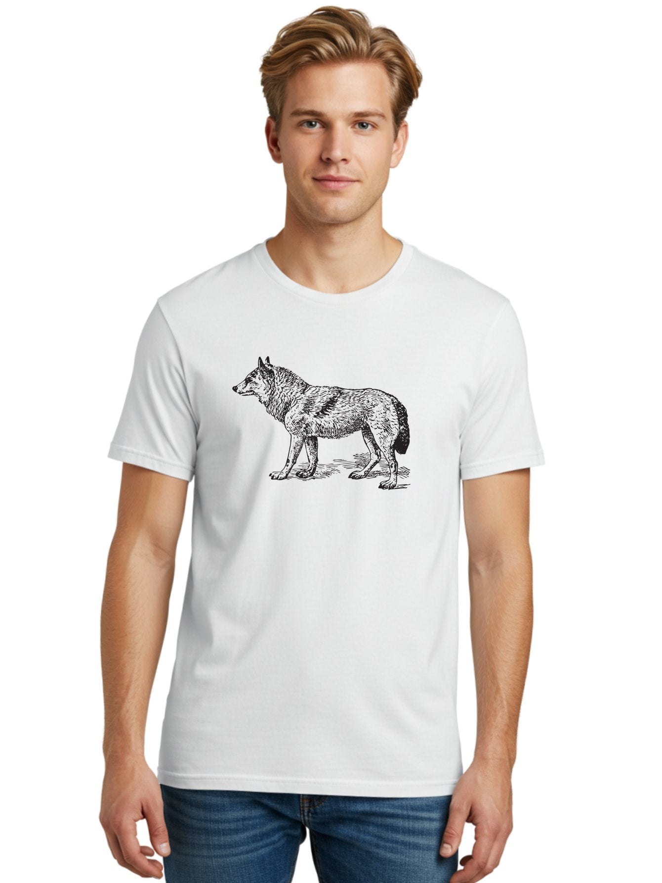 Wolf Men'S Graphic Tee, 100% Cotton, Comfortable Casual Summer Wear, Machine Washable, Wild Animal, Wolf Silhouette, Hand-Drawn Illustration, Wildlife Art, Animal Graphics, Simple Design, Line Art, Wildlife Symbol Aad968 26