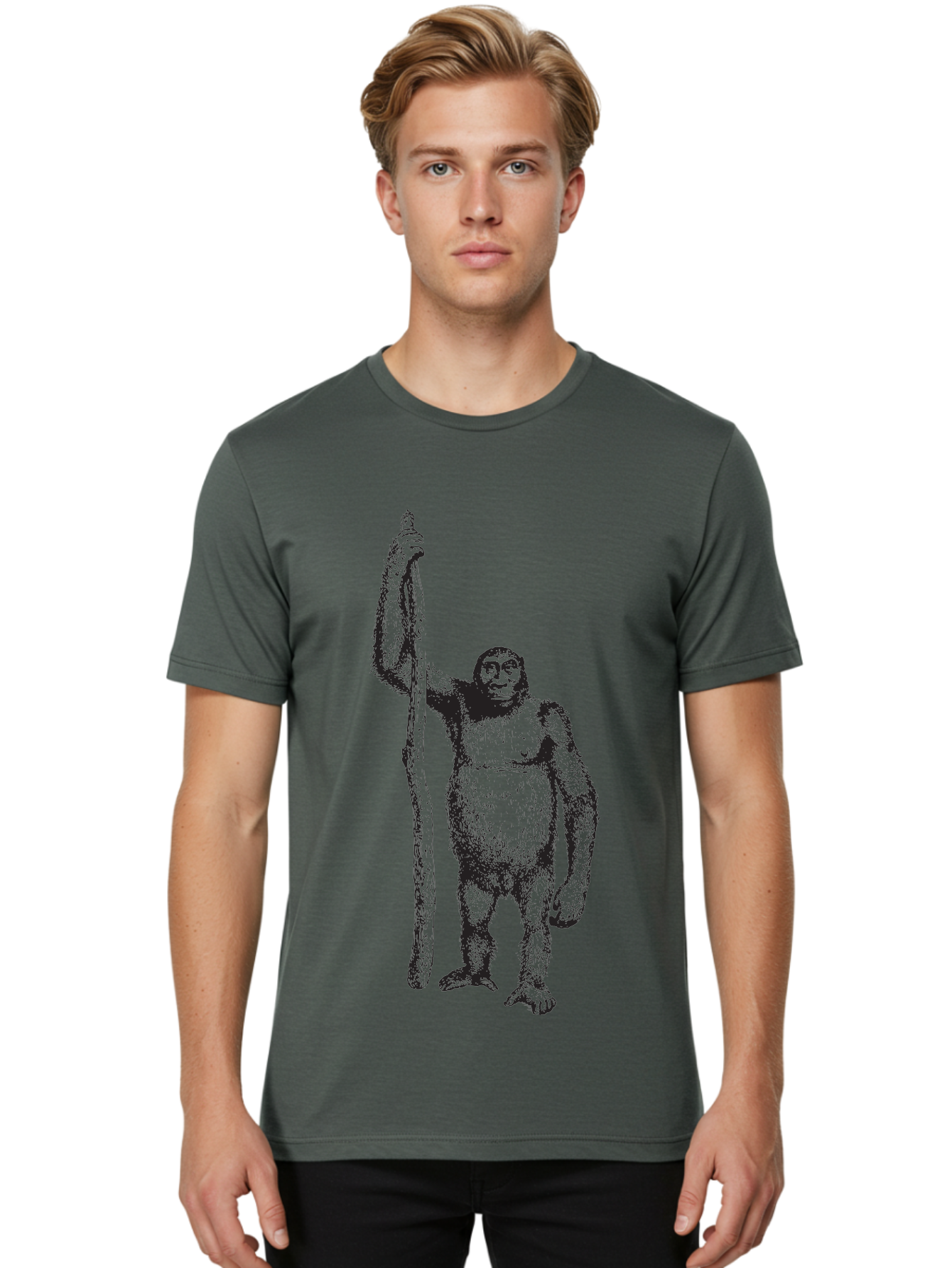 Yeti-With-Staff Men'S Graphic Tee, 100% Cotton, Comfortable Casual Summer Wear, Machine Washable, Gorilla With Stick, Wild Primate, Powerful Animal, Strong Creature, Monkey With Club, Wildlife Illustration, Primate Art, Animal Graphics Aad969