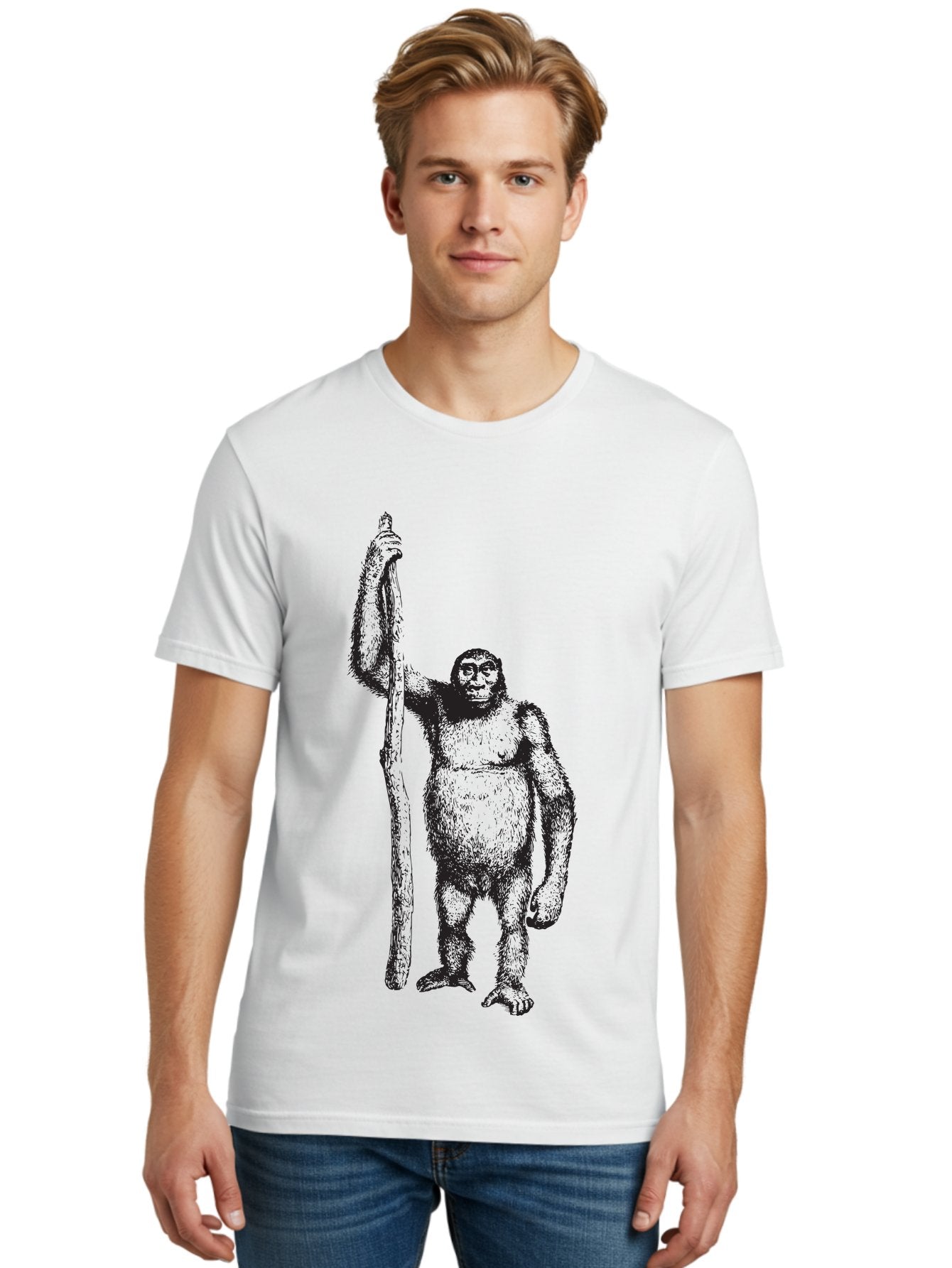 Yeti-With-Staff Men'S Graphic Tee, 100% Cotton, Comfortable Casual Summer Wear, Machine Washable, Gorilla With Stick, Wild Primate, Powerful Animal, Strong Creature, Monkey With Club, Wildlife Illustration, Primate Art, Animal Graphics Aad969 23