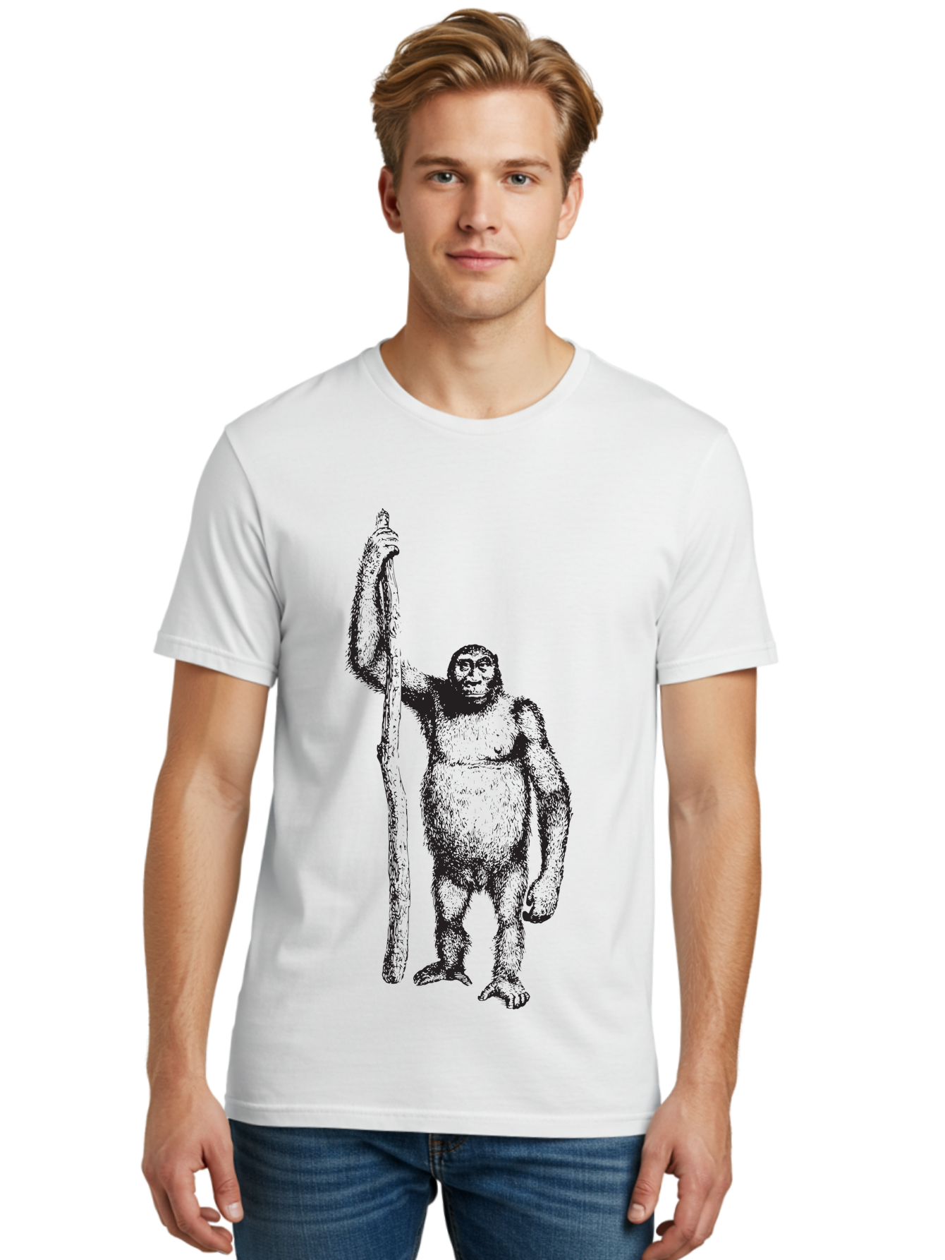Yeti-With-Staff Men'S Graphic Tee, 100% Cotton, Comfortable Casual Summer Wear, Machine Washable, Gorilla With Stick, Wild Primate, Powerful Animal, Strong Creature, Monkey With Club, Wildlife Illustration, Primate Art, Animal Graphics Aad969 16